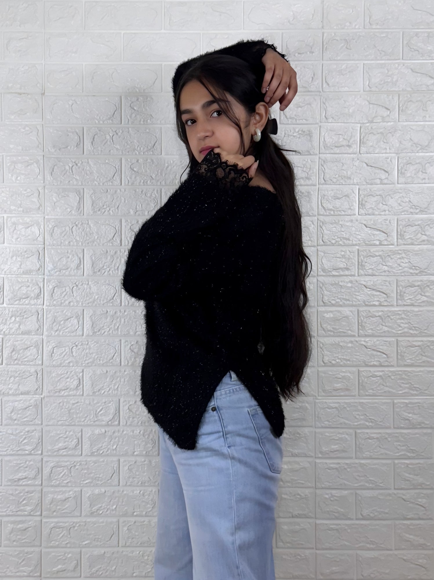 Black Fuzzy Knit Sweater with Lace Cuffs