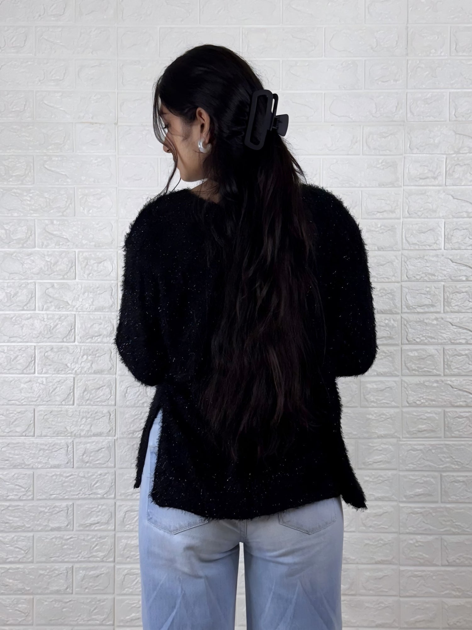 Black Fuzzy Knit Sweater with Lace Cuffs