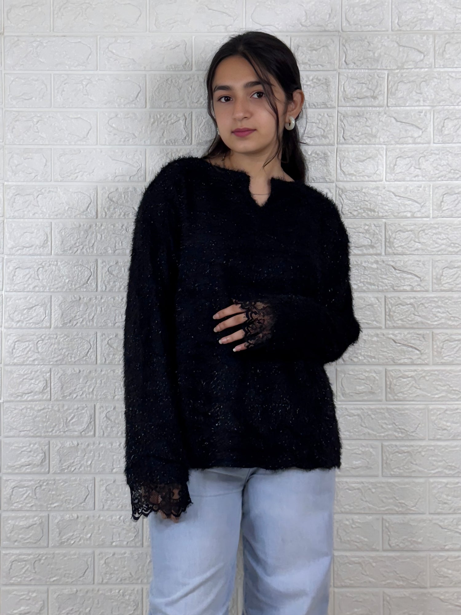 Black Fuzzy Knit Sweater with Lace Cuffs