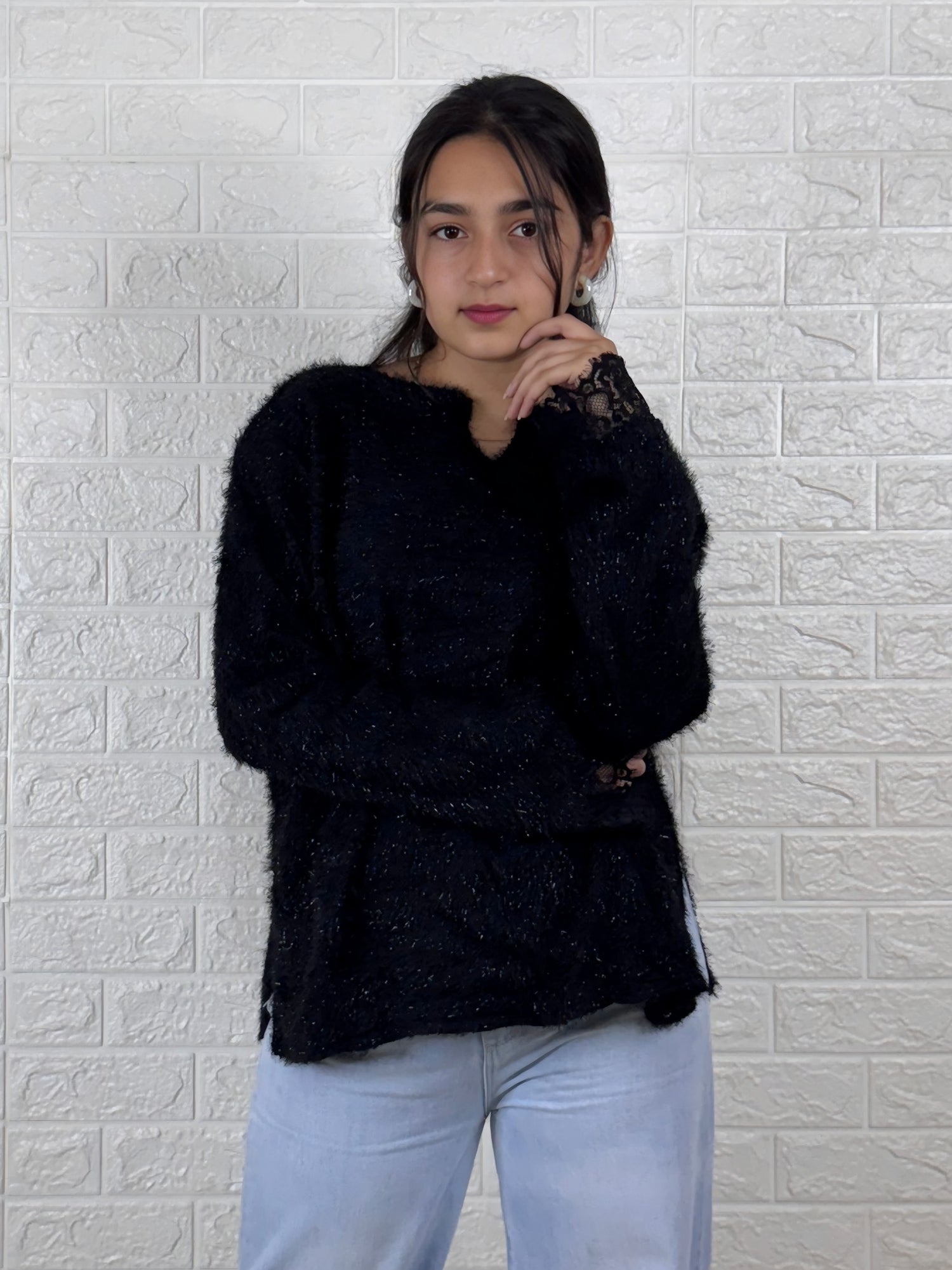 Black Fuzzy Knit Sweater with Lace Cuffs