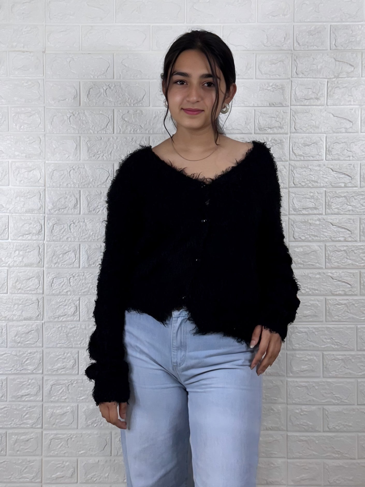 Black Shaggy Knit Button-Front Cardigan