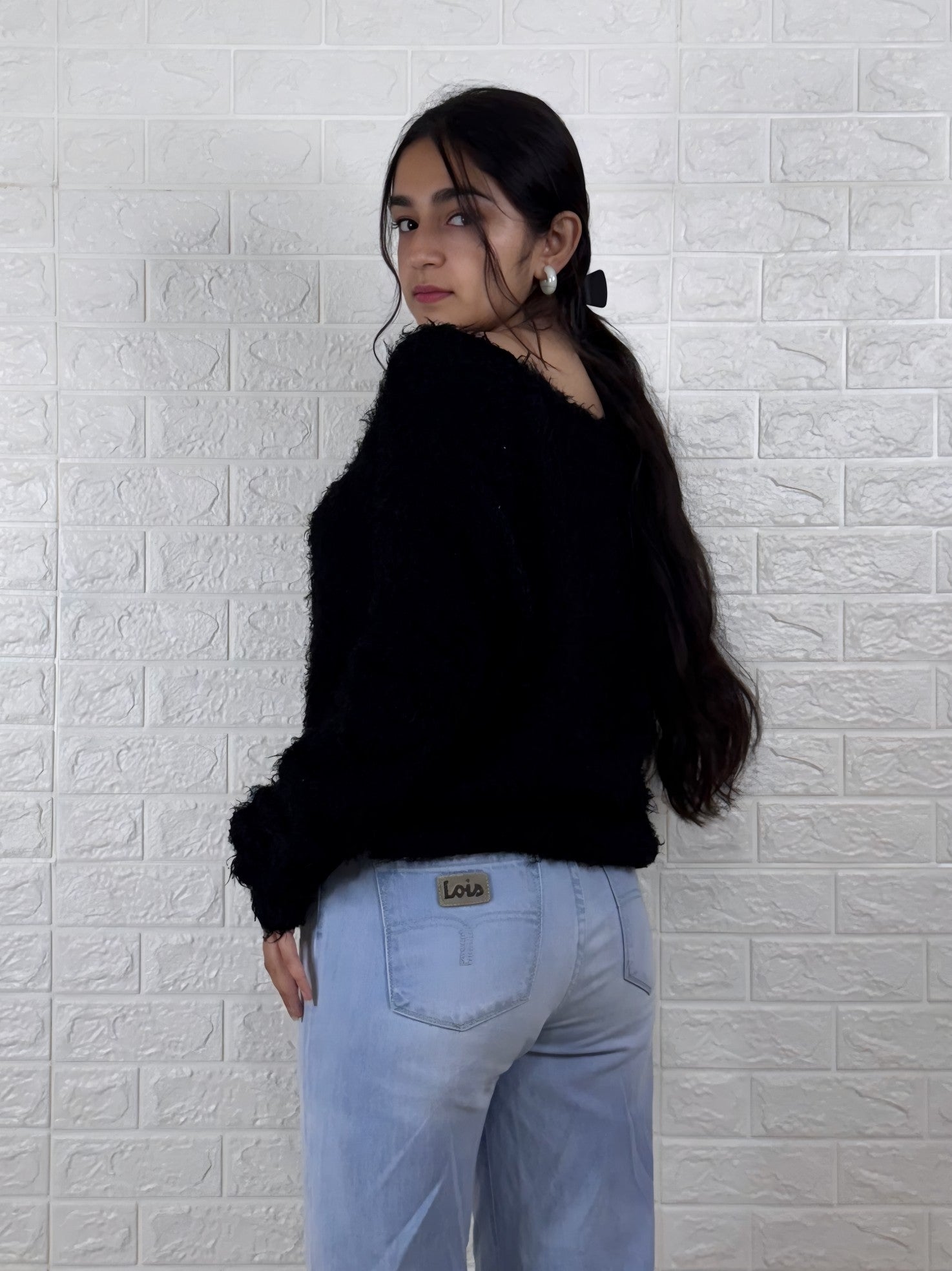 Black Shaggy Knit Button-Front Cardigan