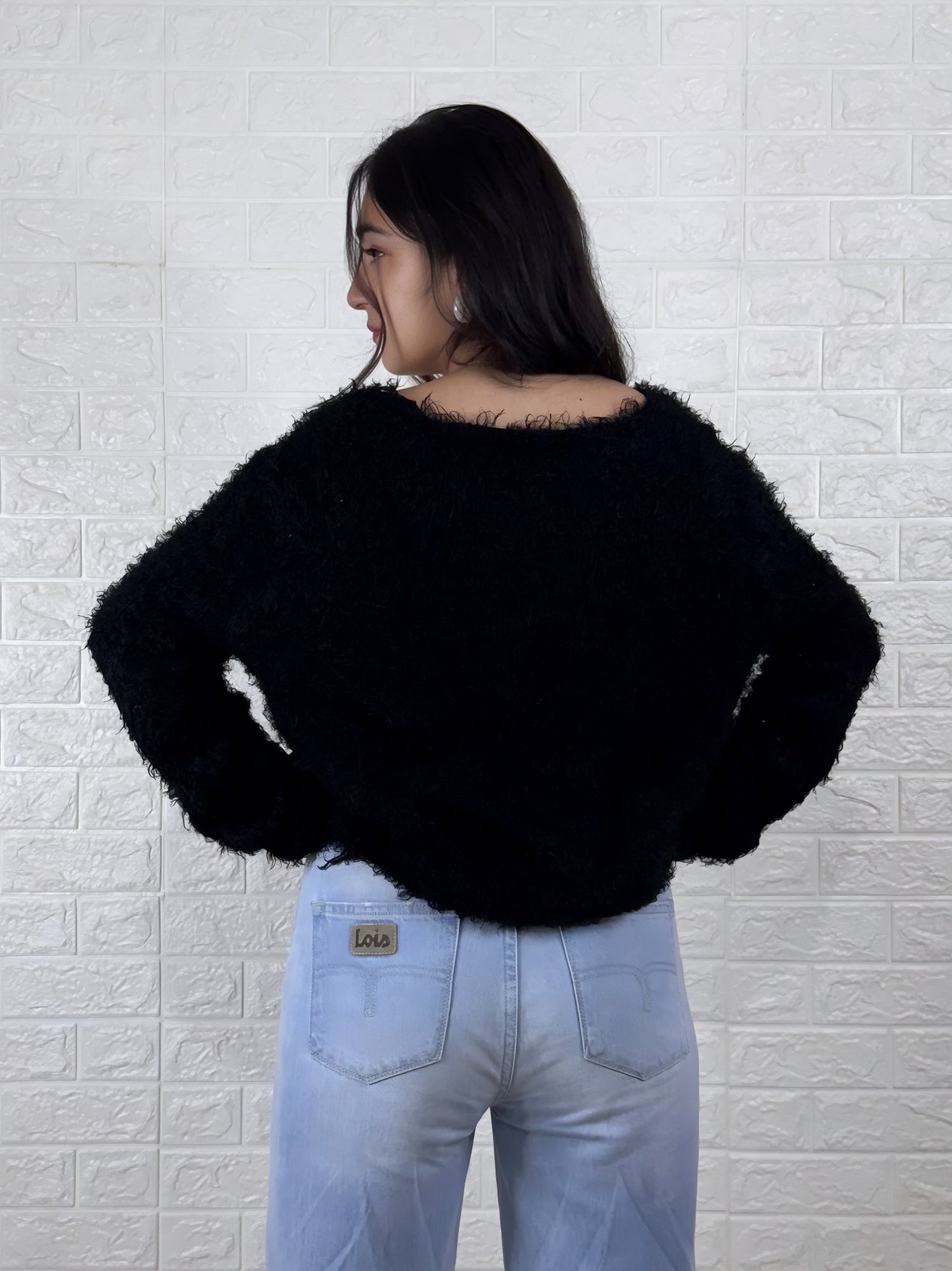 Black Shaggy Knit Button-Front Cardigan