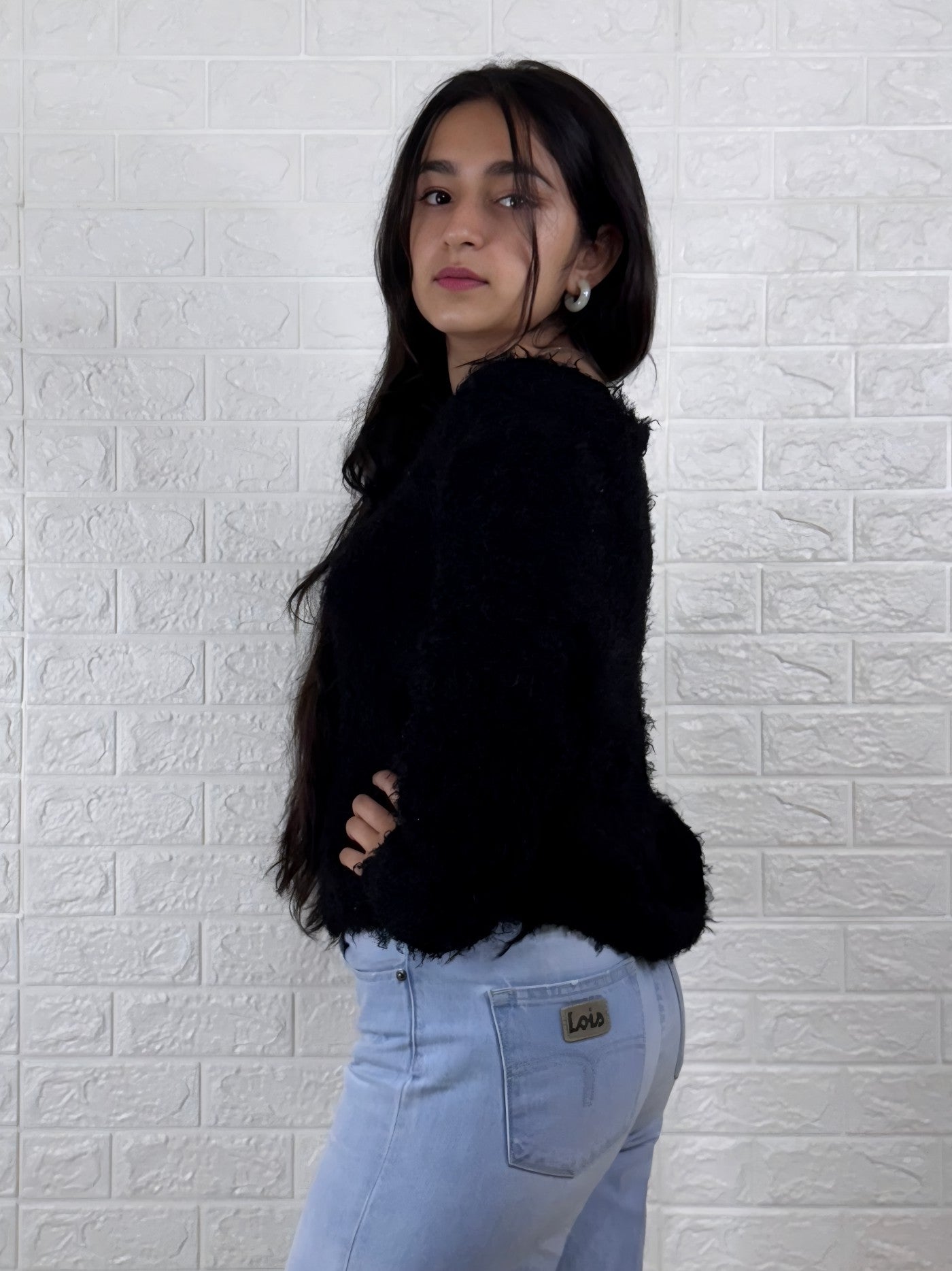 Black Shaggy Knit Button-Front Cardigan