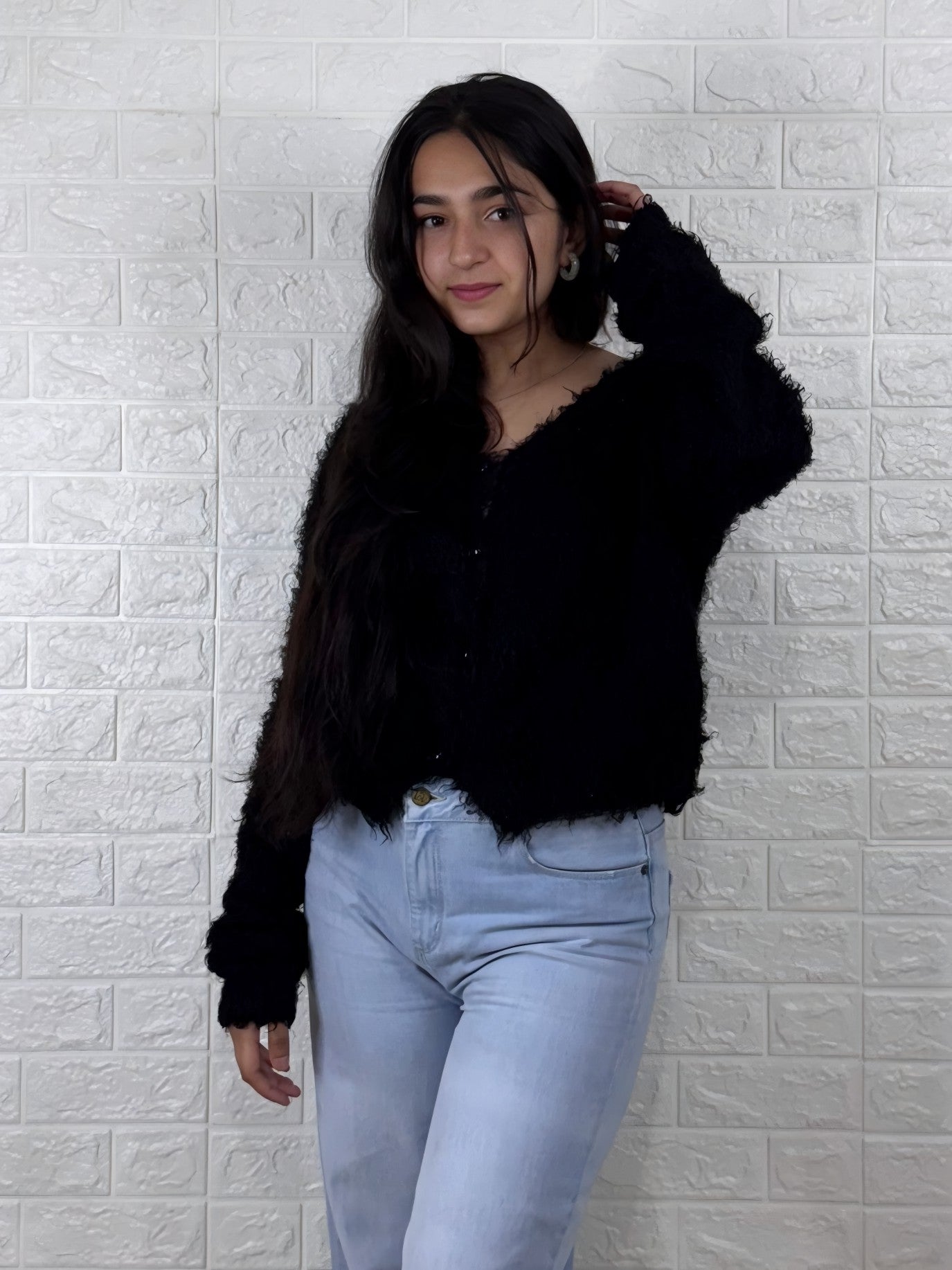 Black Shaggy Knit Button-Front Cardigan