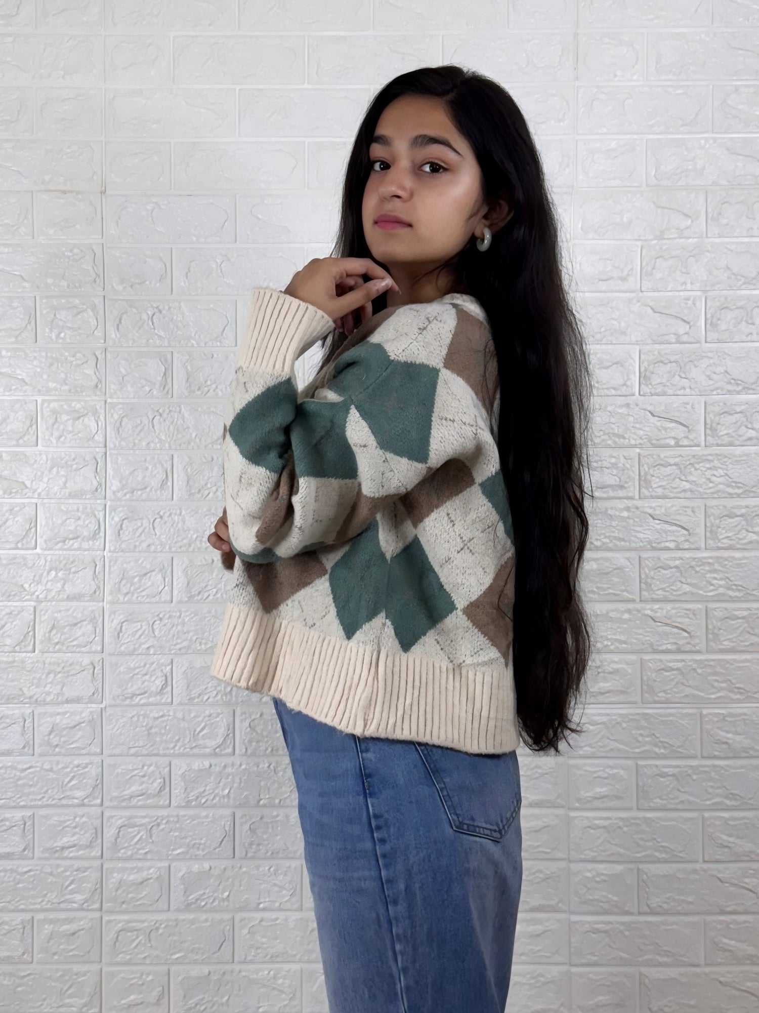 Academia Argyle Cropped Cardigan - Green & Brown