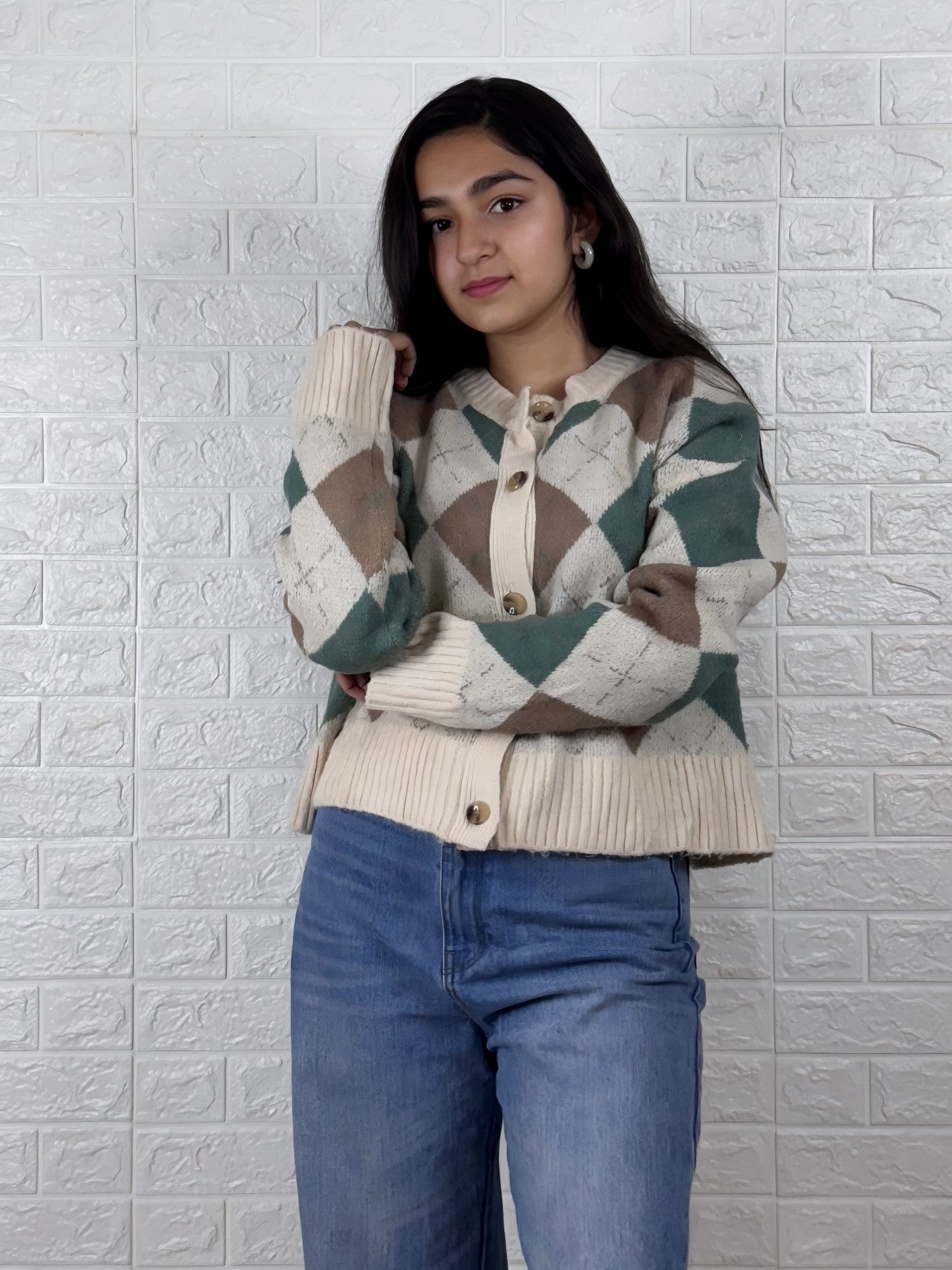 Academia Argyle Cropped Cardigan - Green & Brown