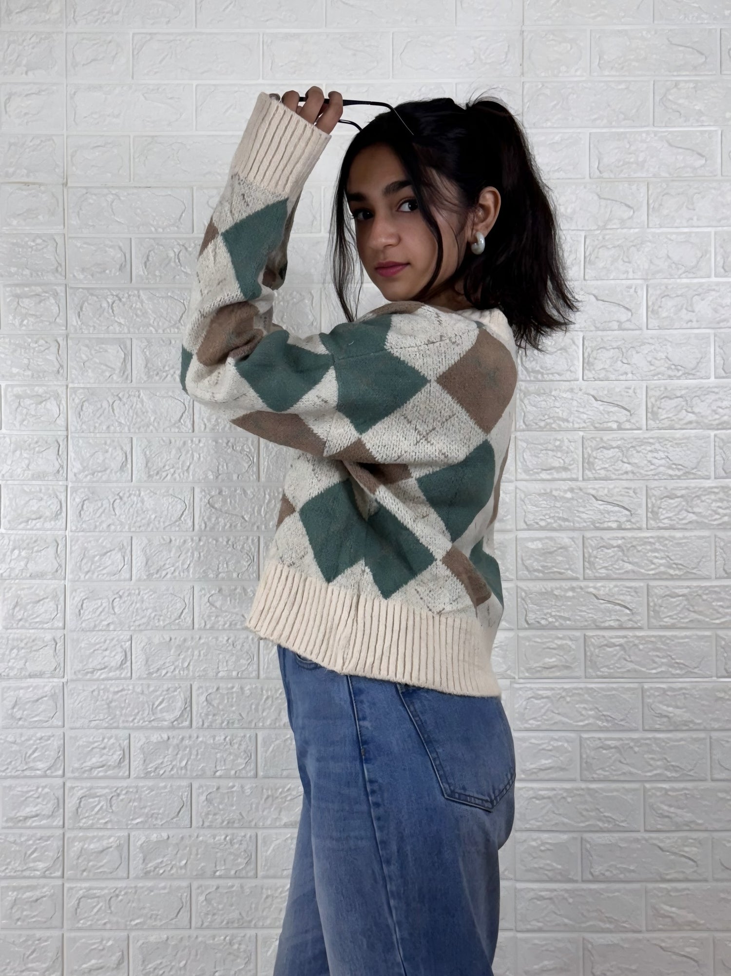 Academia Argyle Cropped Cardigan - Green & Brown