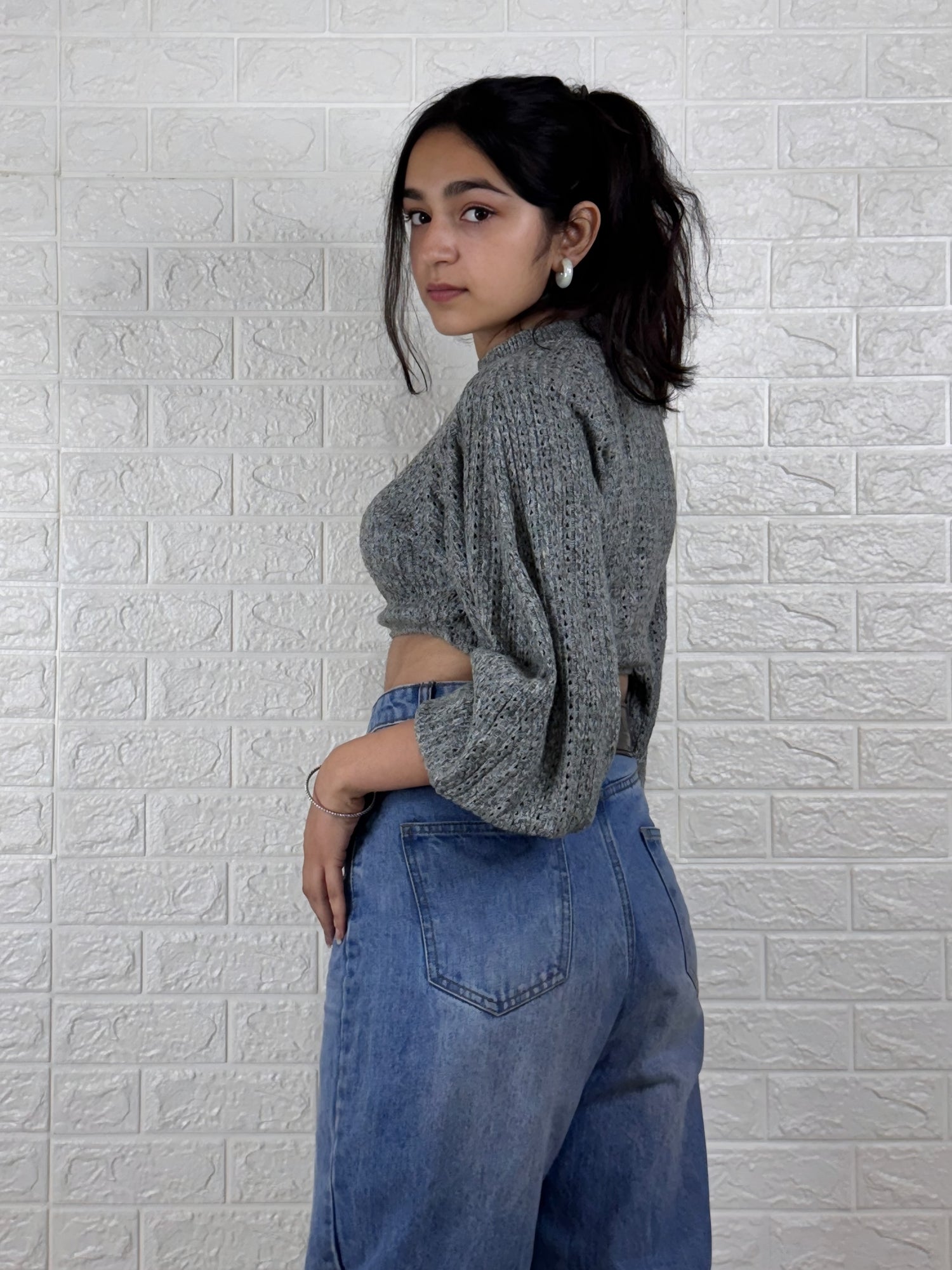 Chic Grey Cropped Knit with Bell Sleeves