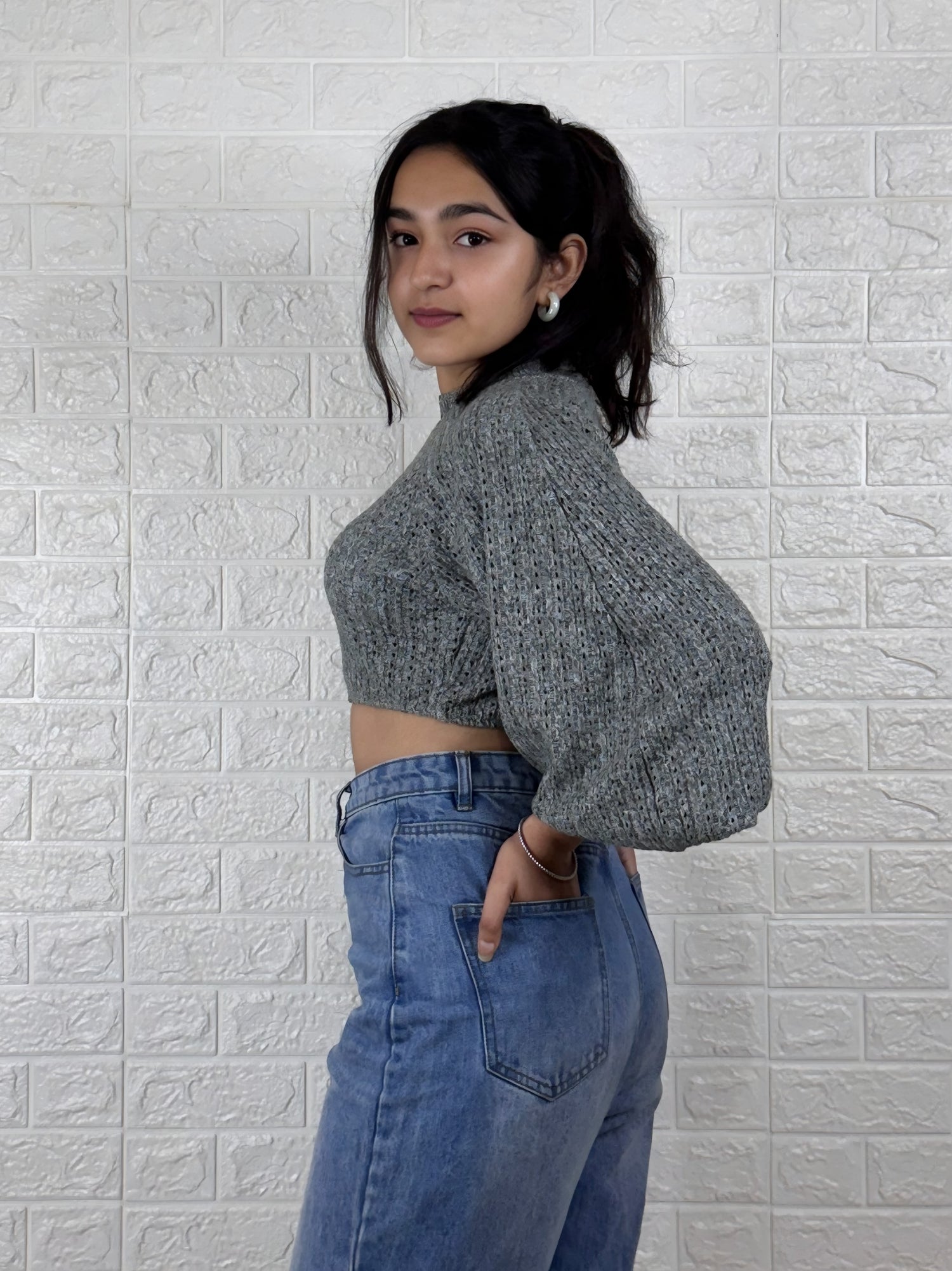 Chic Grey Cropped Knit with Bell Sleeves
