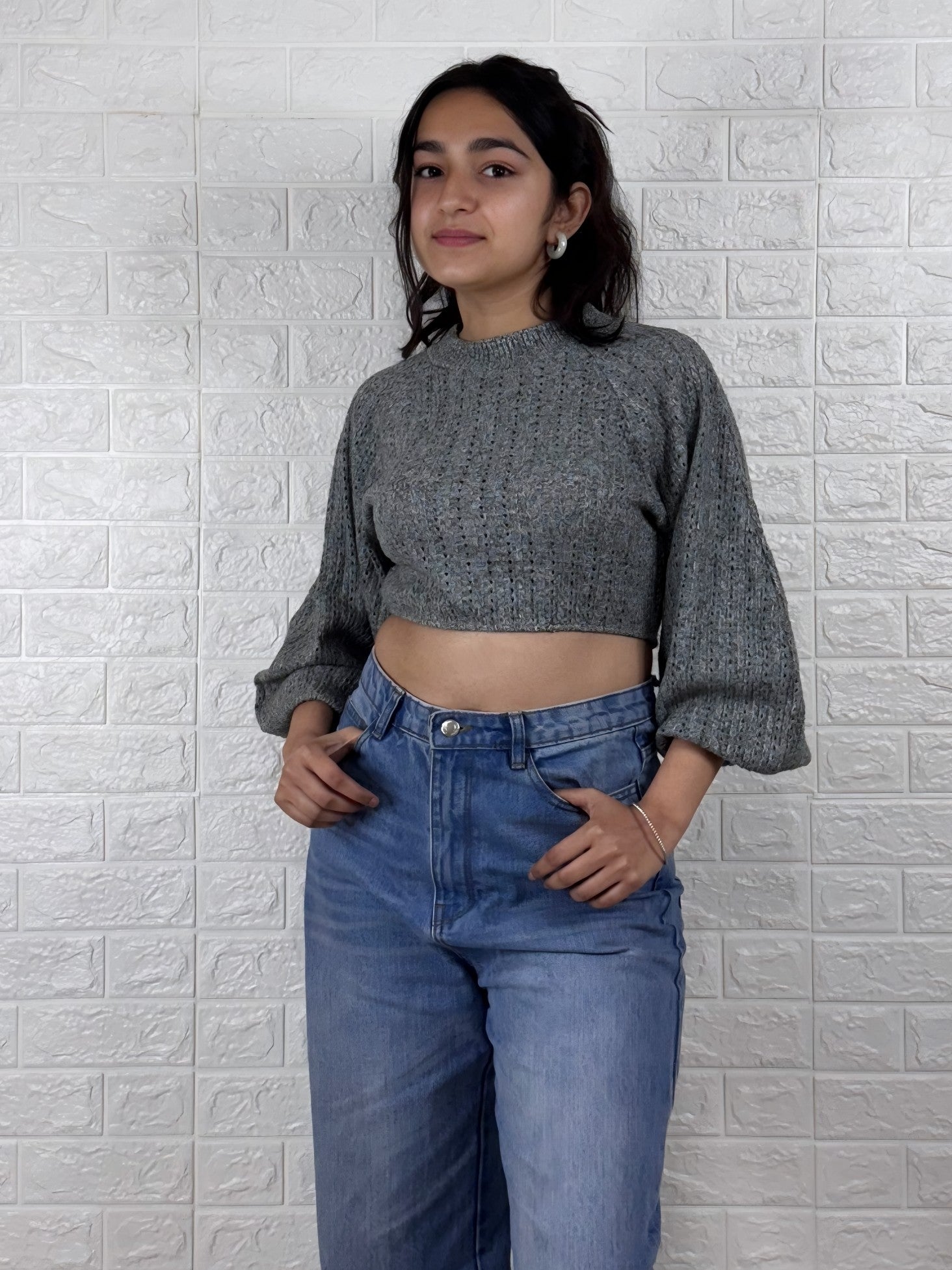 Chic Grey Cropped Knit with Bell Sleeves