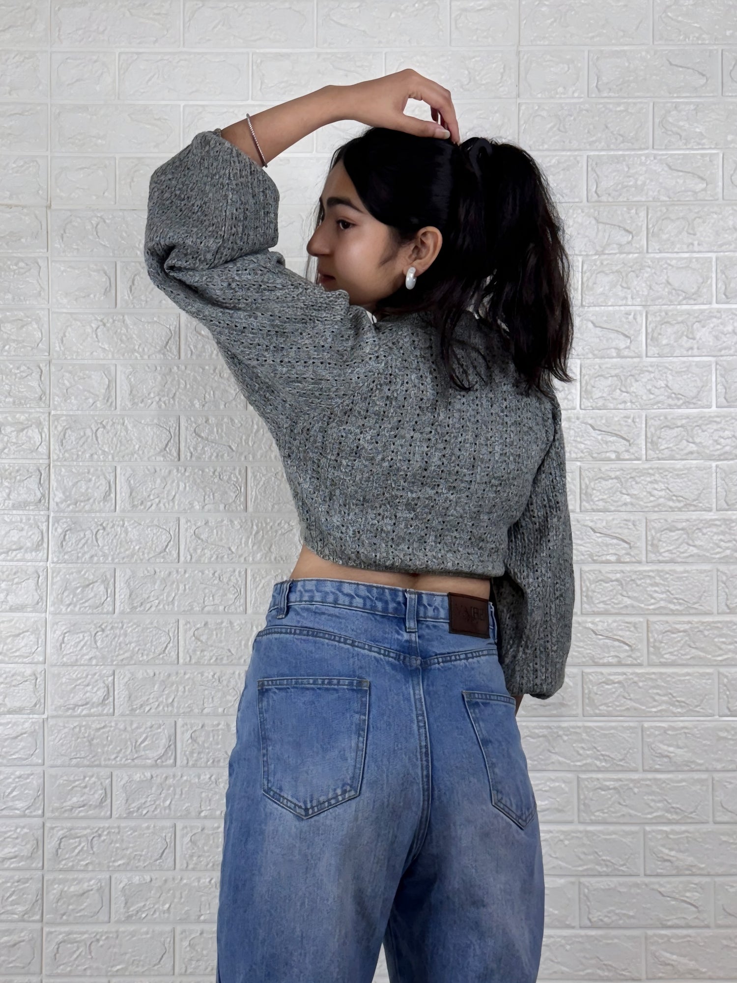 Chic Grey Cropped Knit with Bell Sleeves