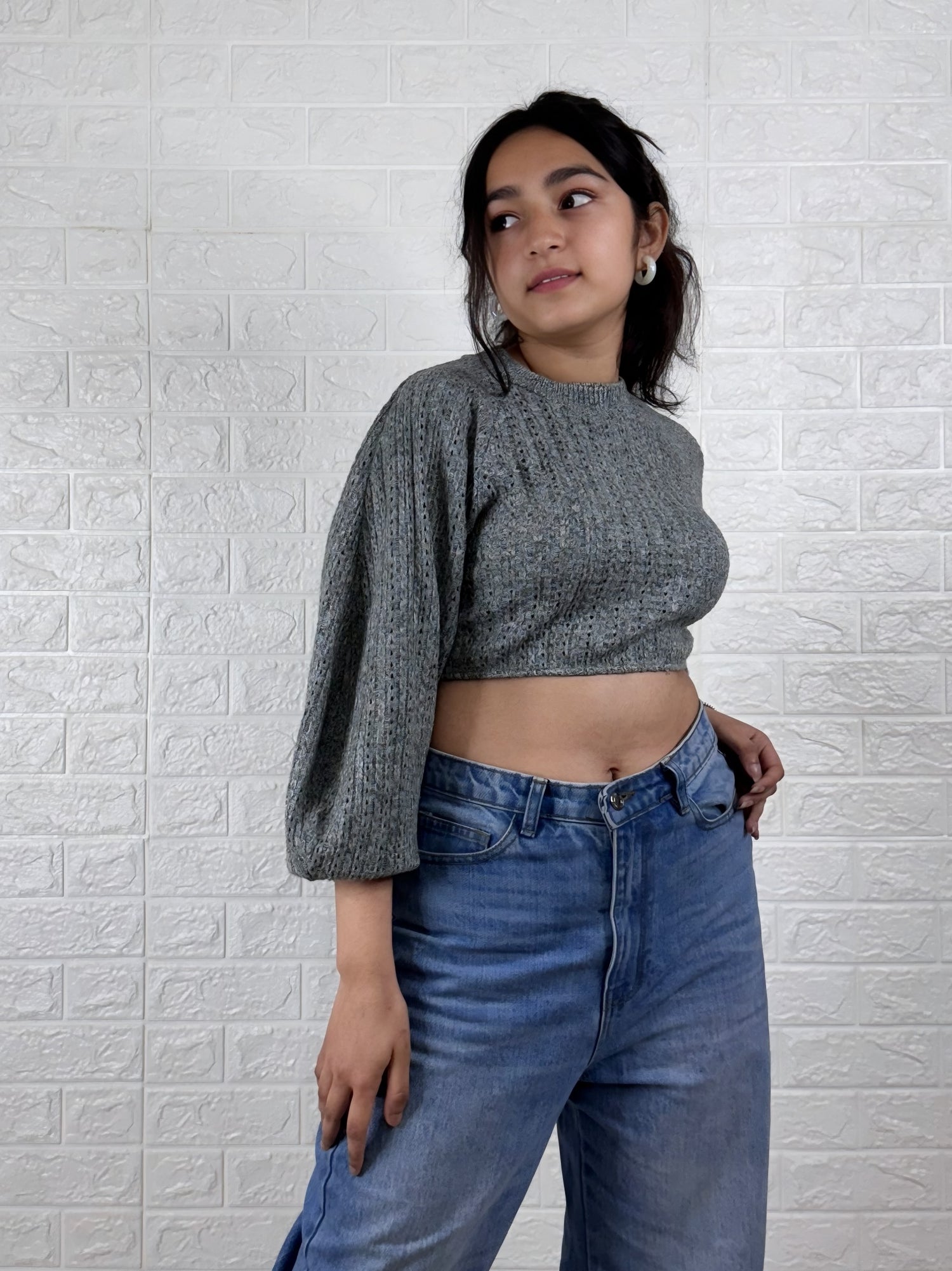 Chic Grey Cropped Knit with Bell Sleeves