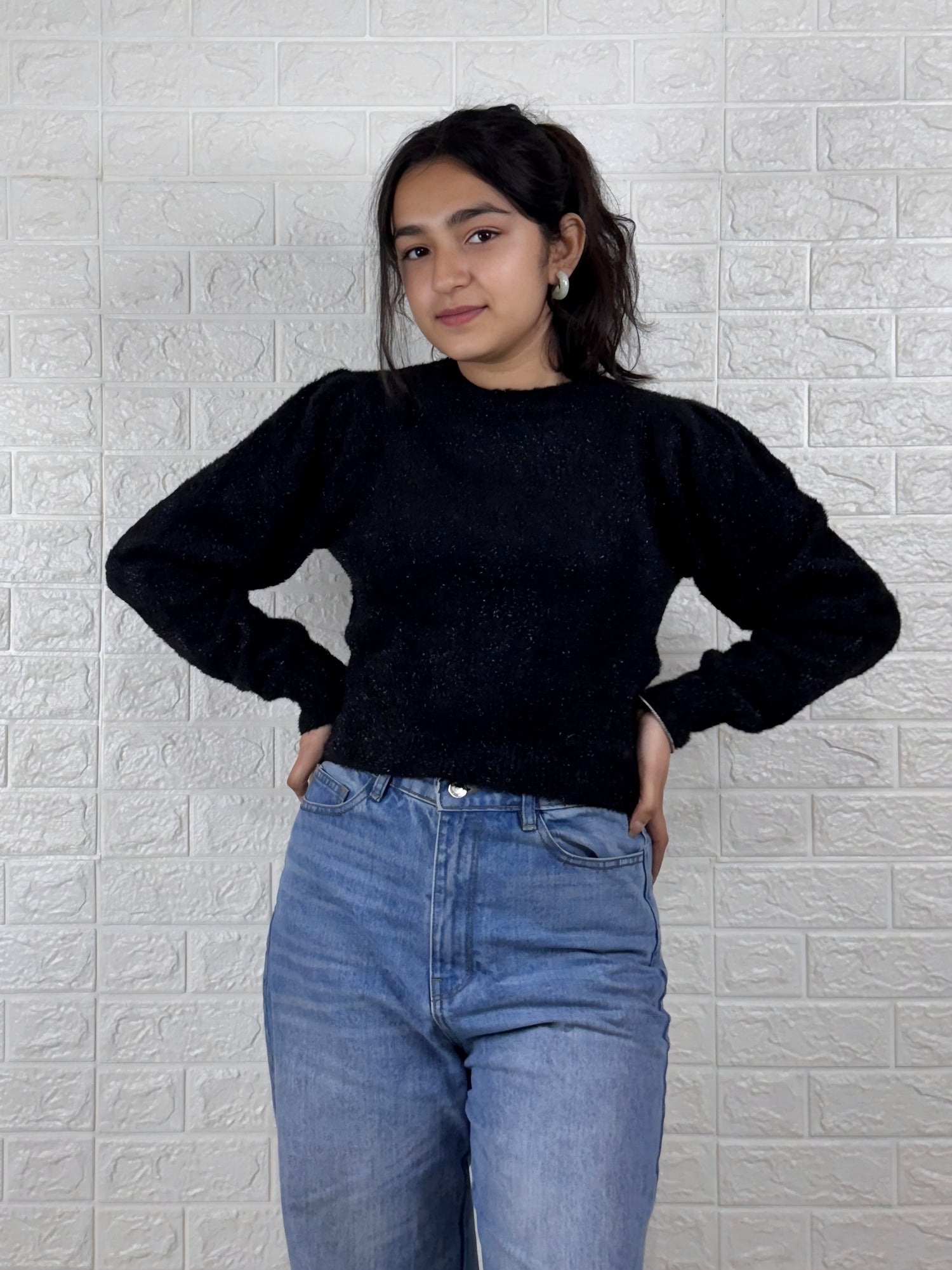 Black Puff Shoulder Sparkle Knit Sweater