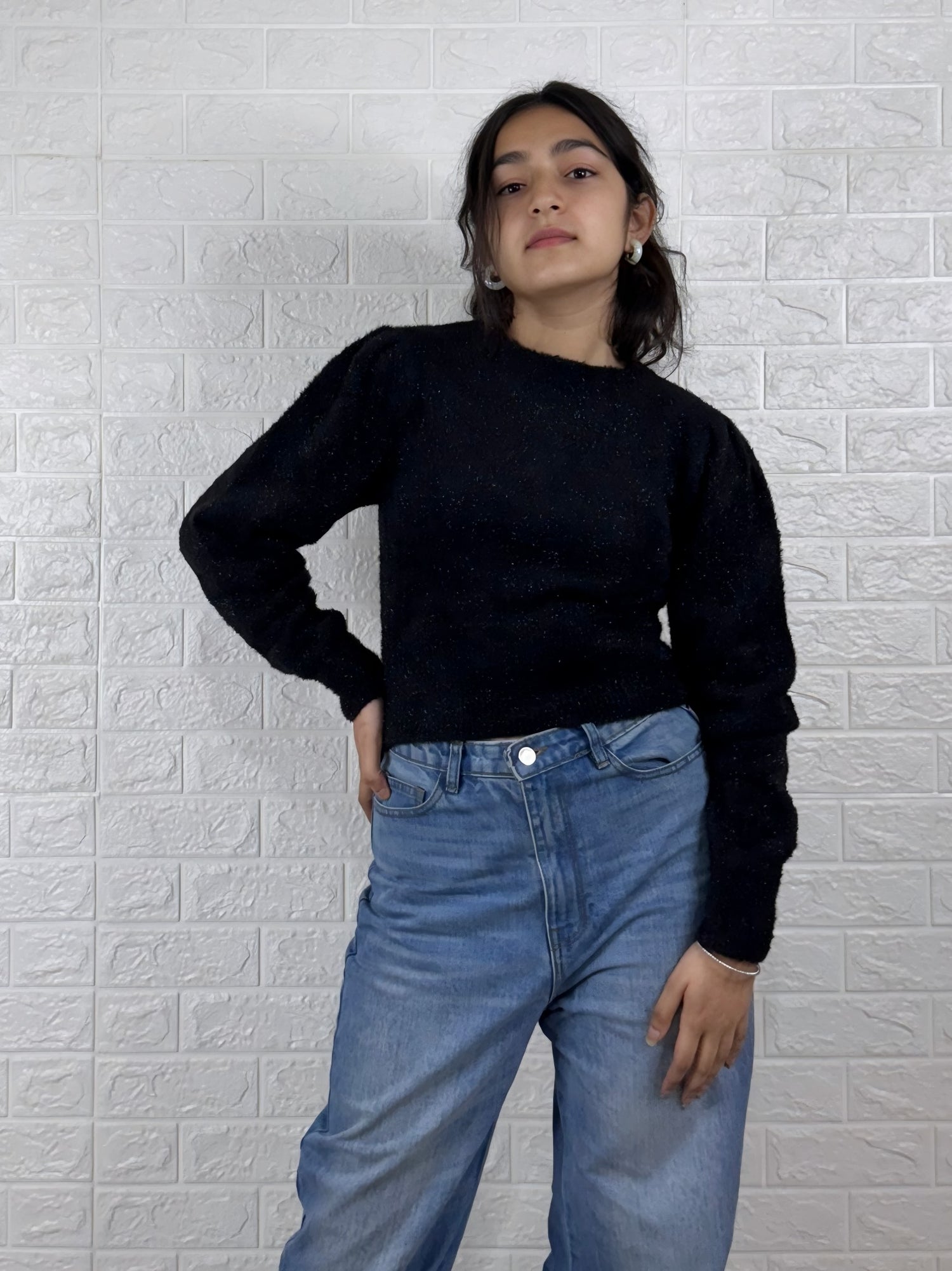 Black Puff Shoulder Sparkle Knit Sweater