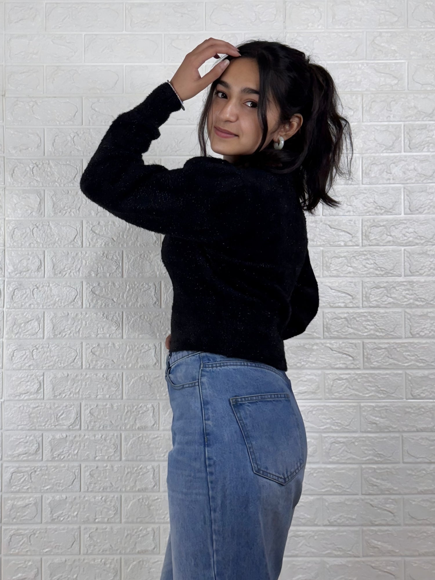 Black Puff Shoulder Sparkle Knit Sweater