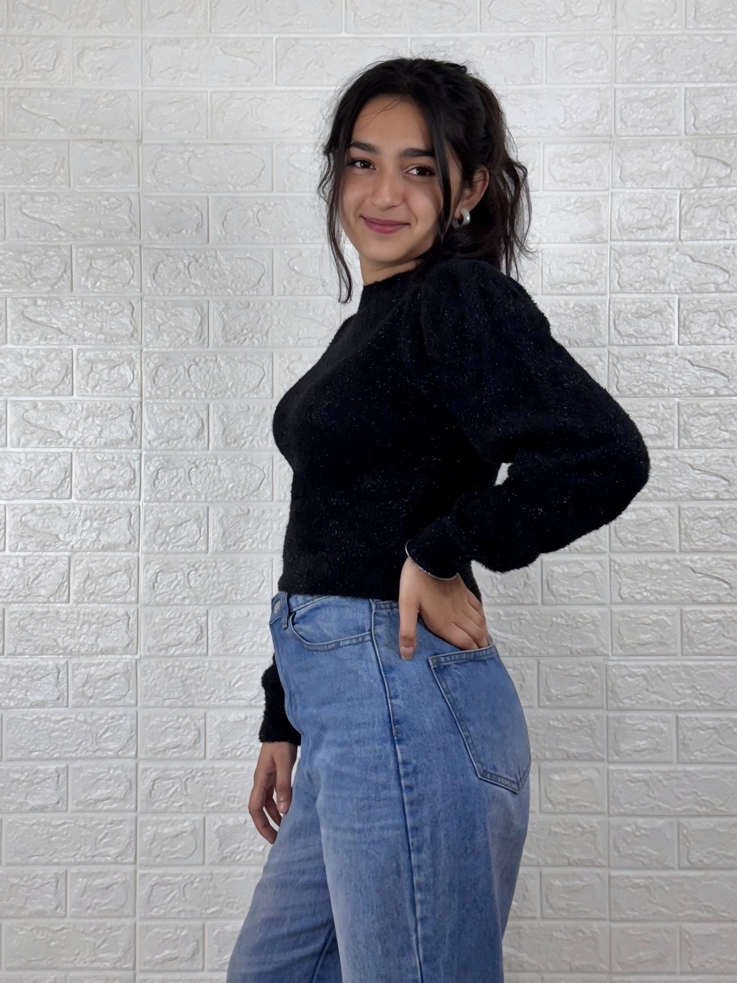 Black Puff Shoulder Sparkle Knit Sweater