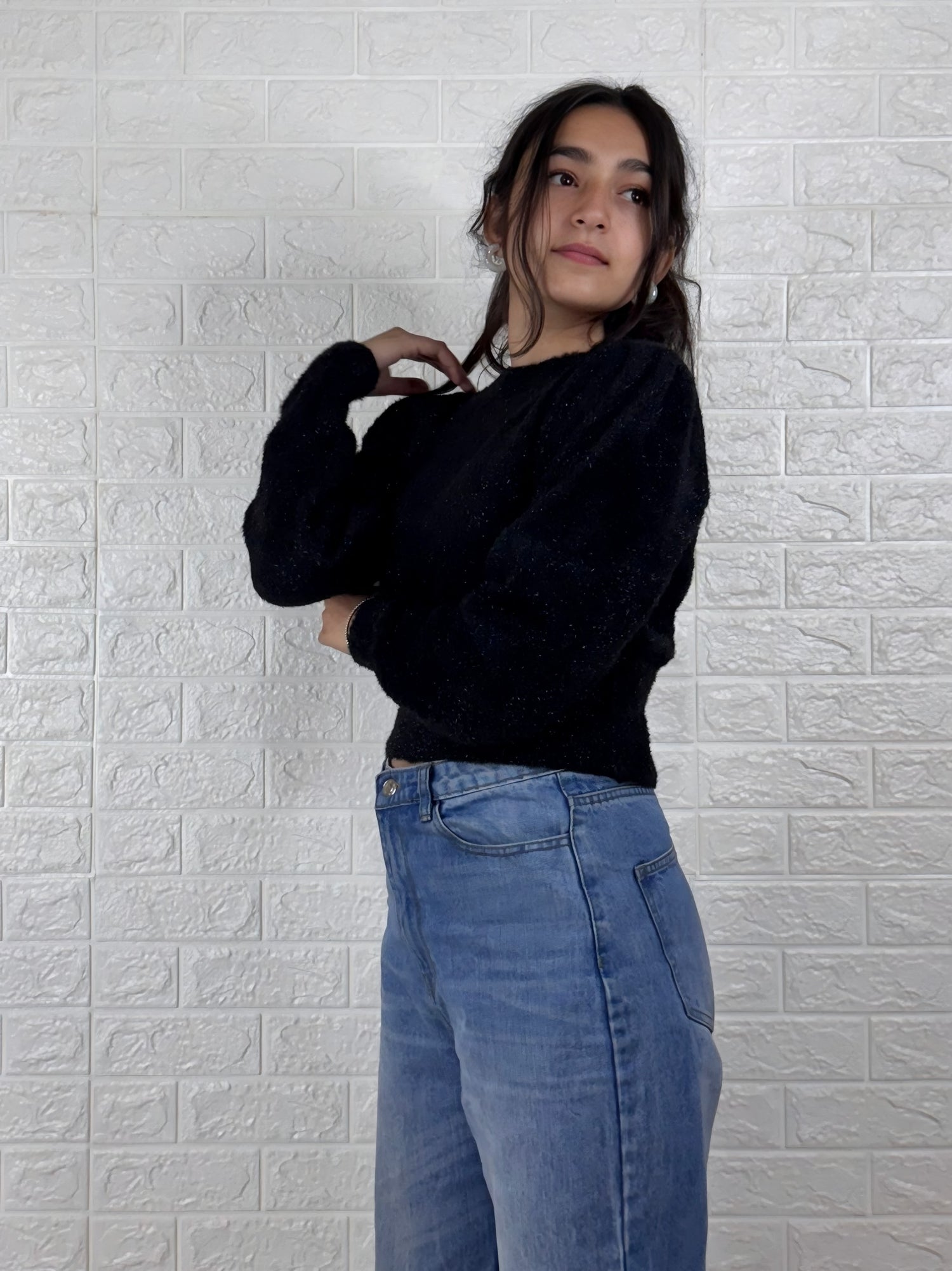 Black Puff Shoulder Sparkle Knit Sweater