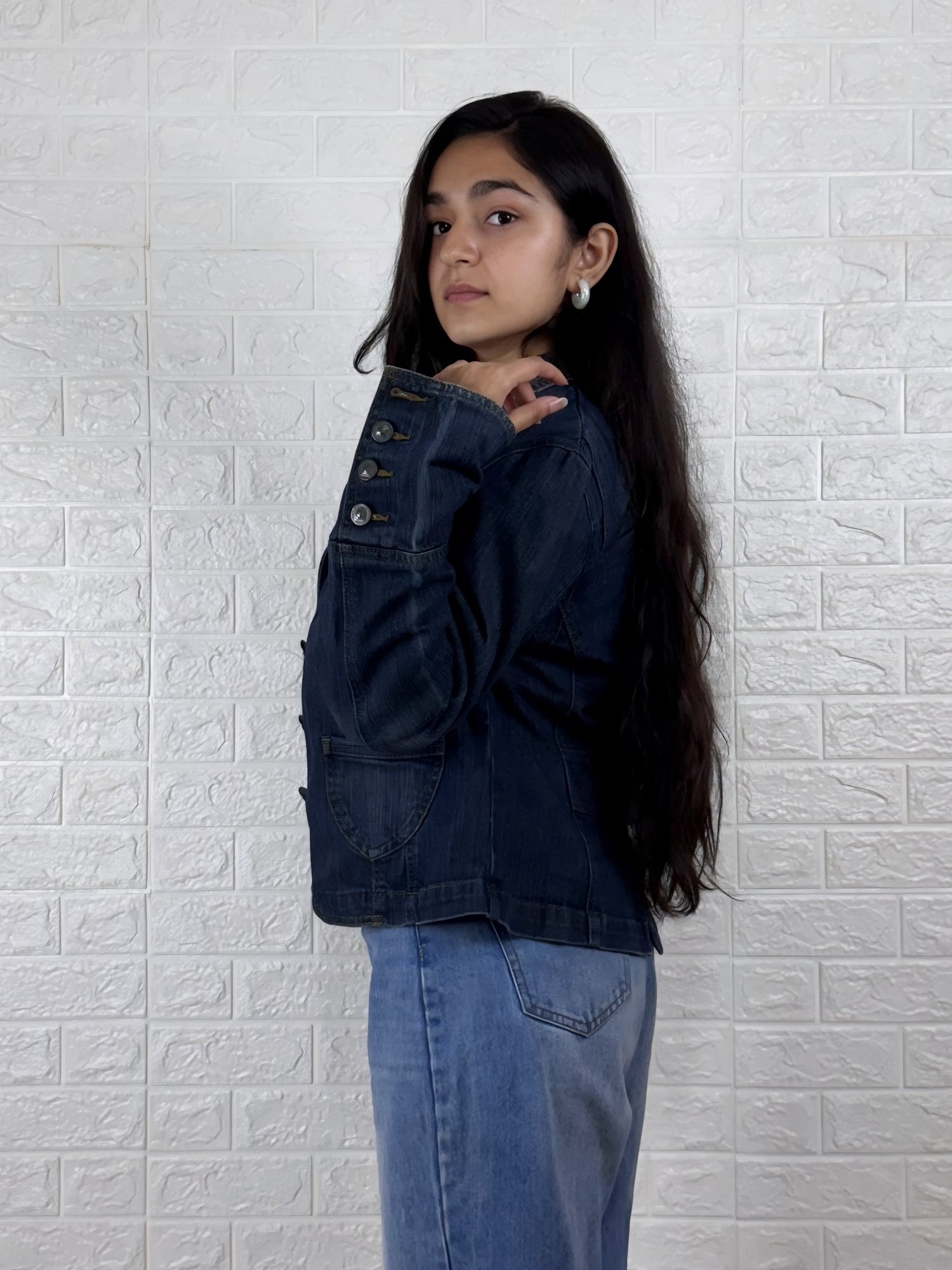 Tailored Button-Front Denim Blazer