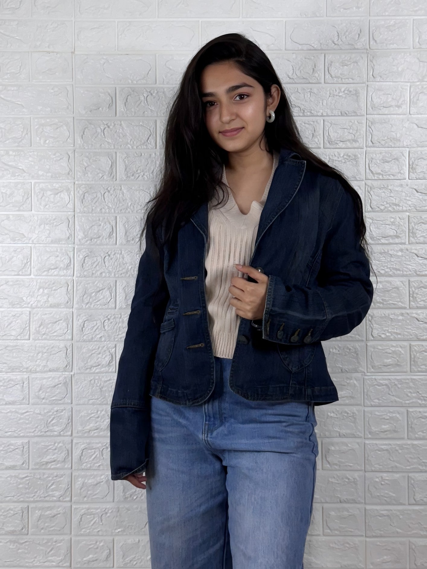 Tailored Button-Front Denim Blazer