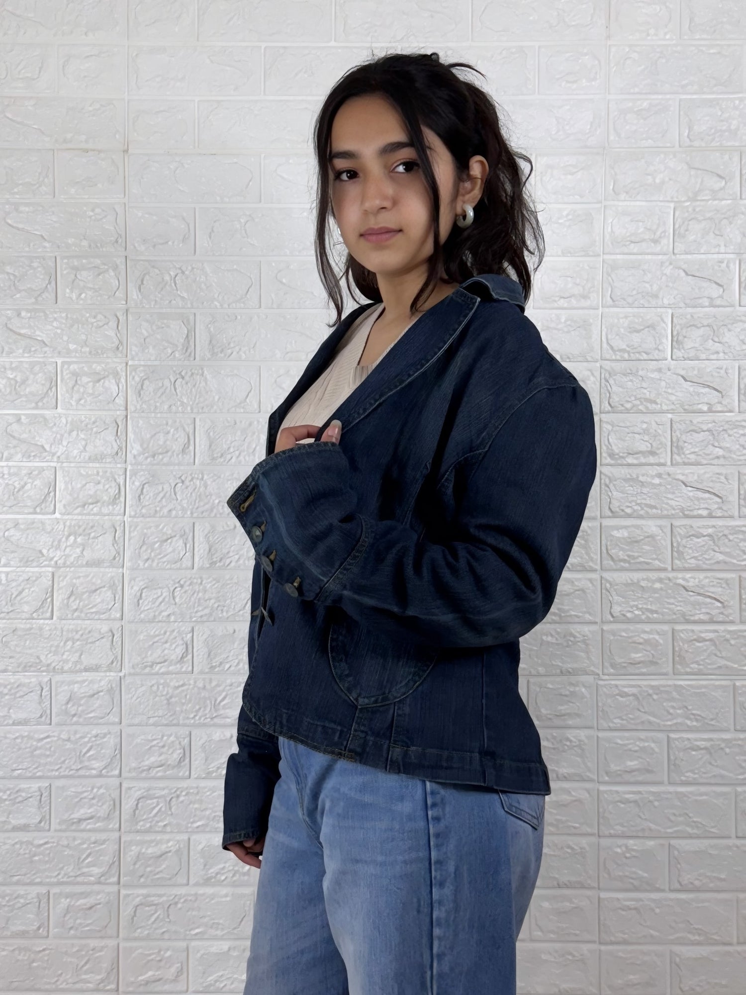 Tailored Button-Front Denim Blazer