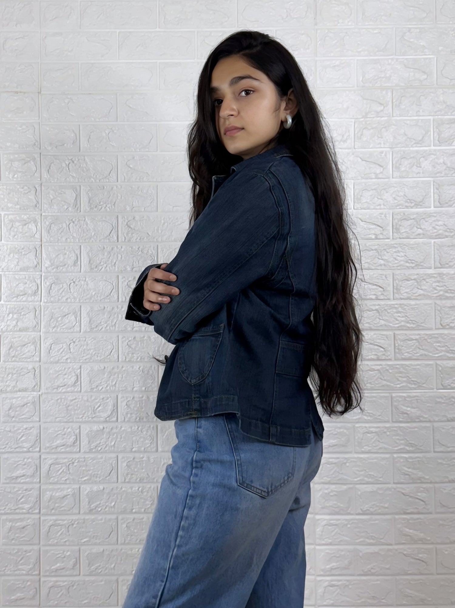 Tailored Button-Front Denim Blazer