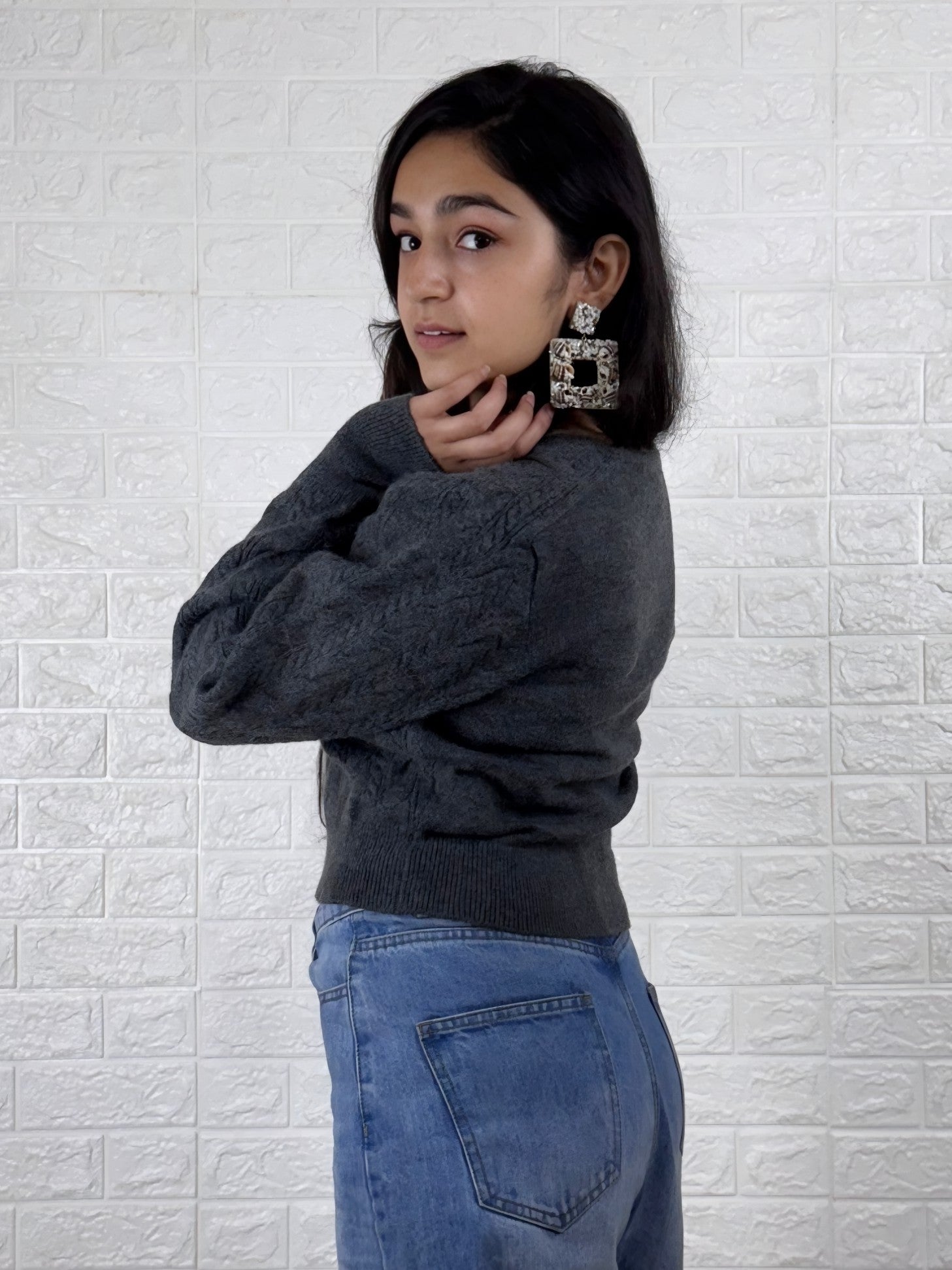 Sweetheart Neck Cropped Sweater - Charcoal Grey