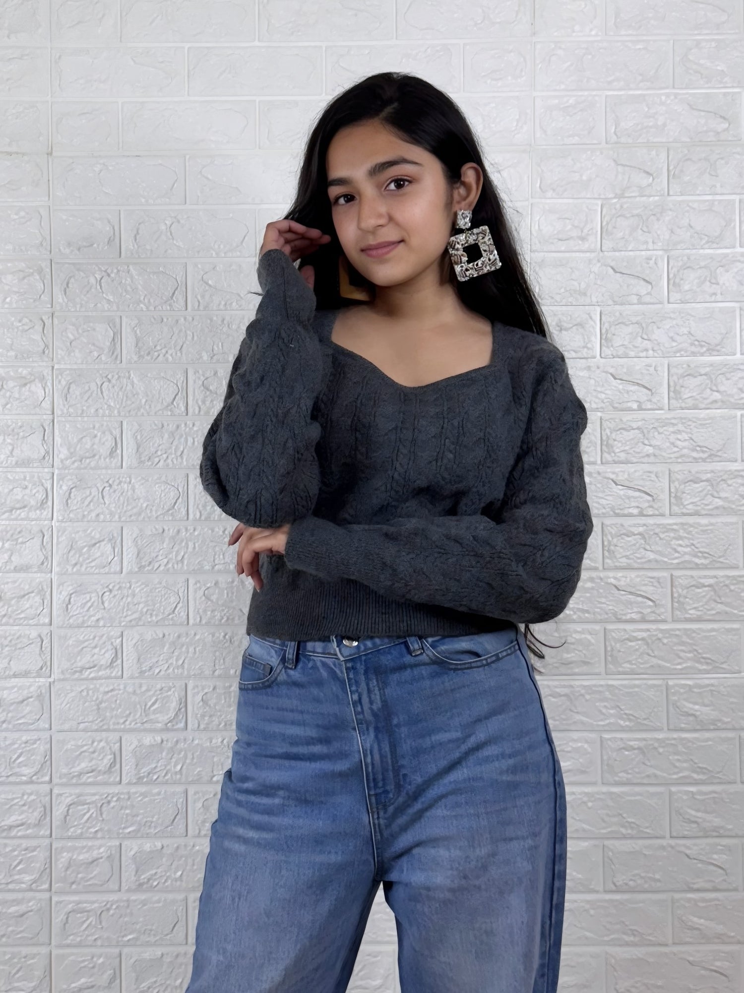 Sweetheart Neck Cropped Sweater - Charcoal Grey