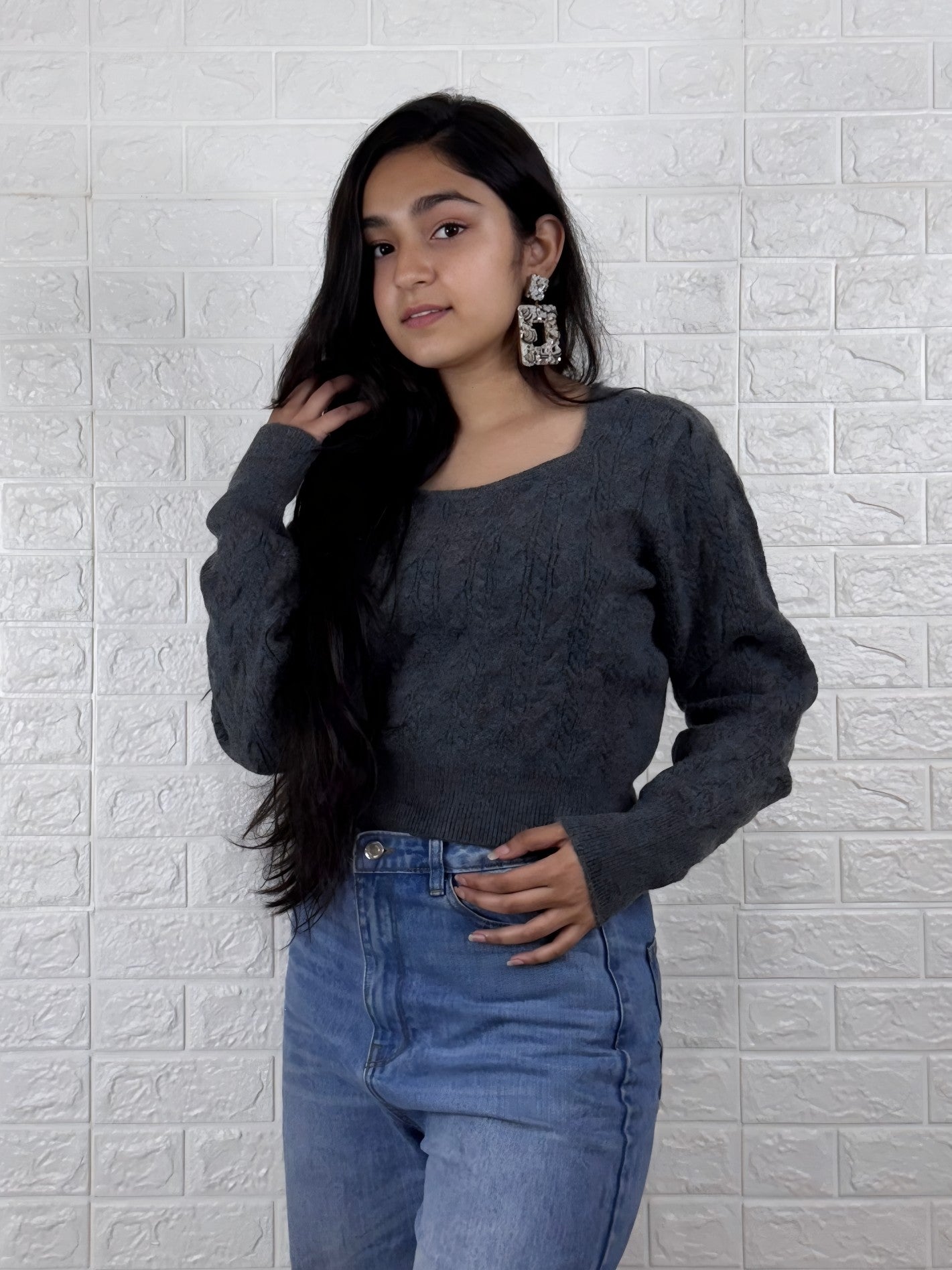 Sweetheart Neck Cropped Sweater - Charcoal Grey