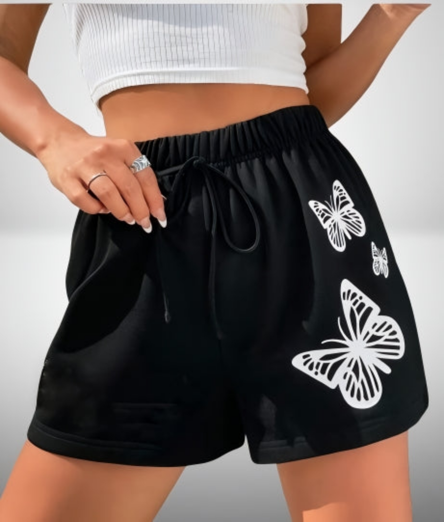 Women’s Black High Waist Shorts with White Butterfly Print