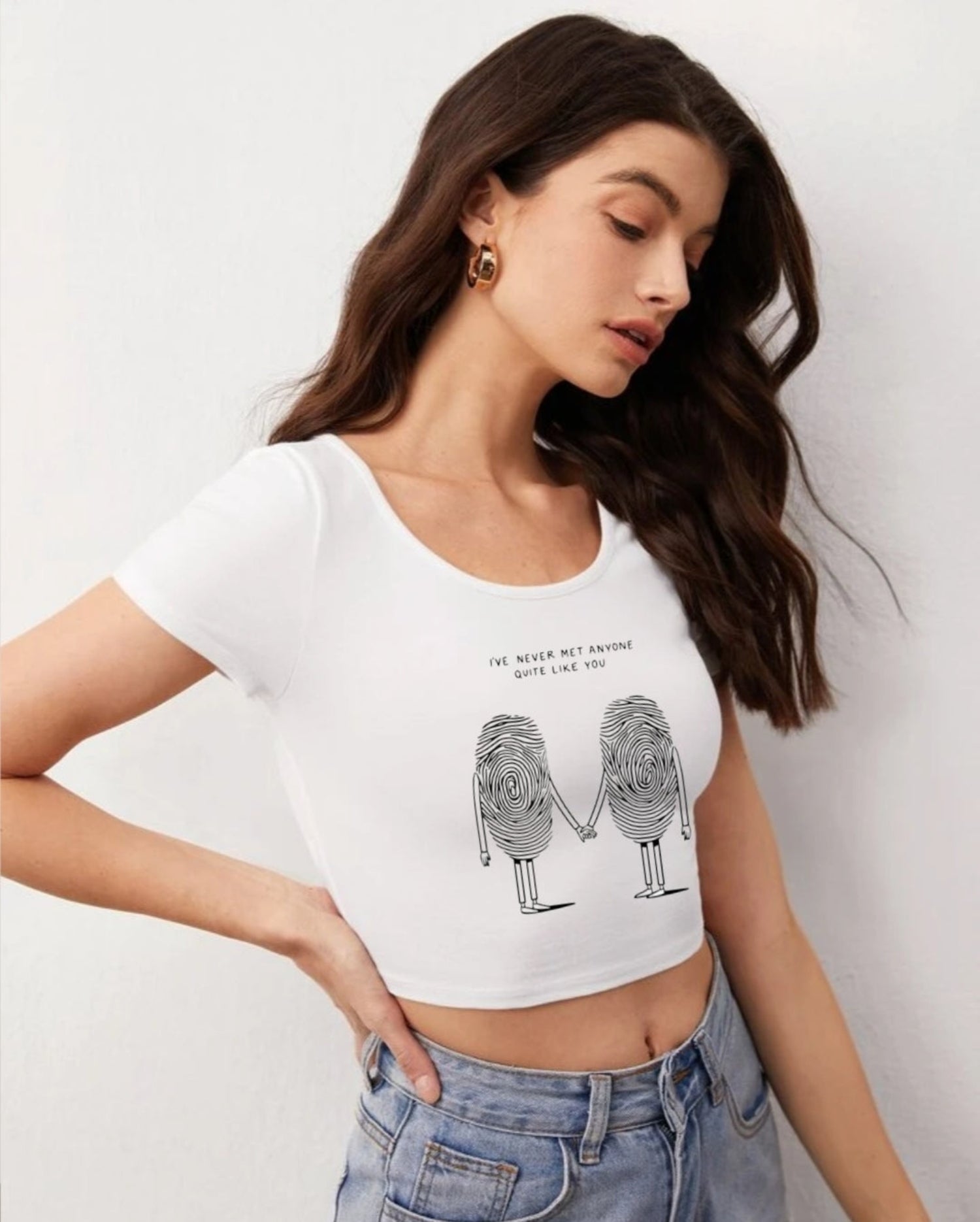 White Printed Crop Top – "Never Met Anyone Like You"
