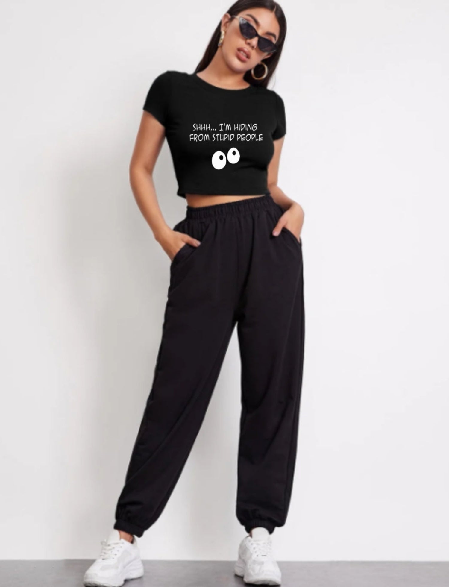 Black Graphic Crop Top – “Shhh… I’m Hiding From Stupid People”