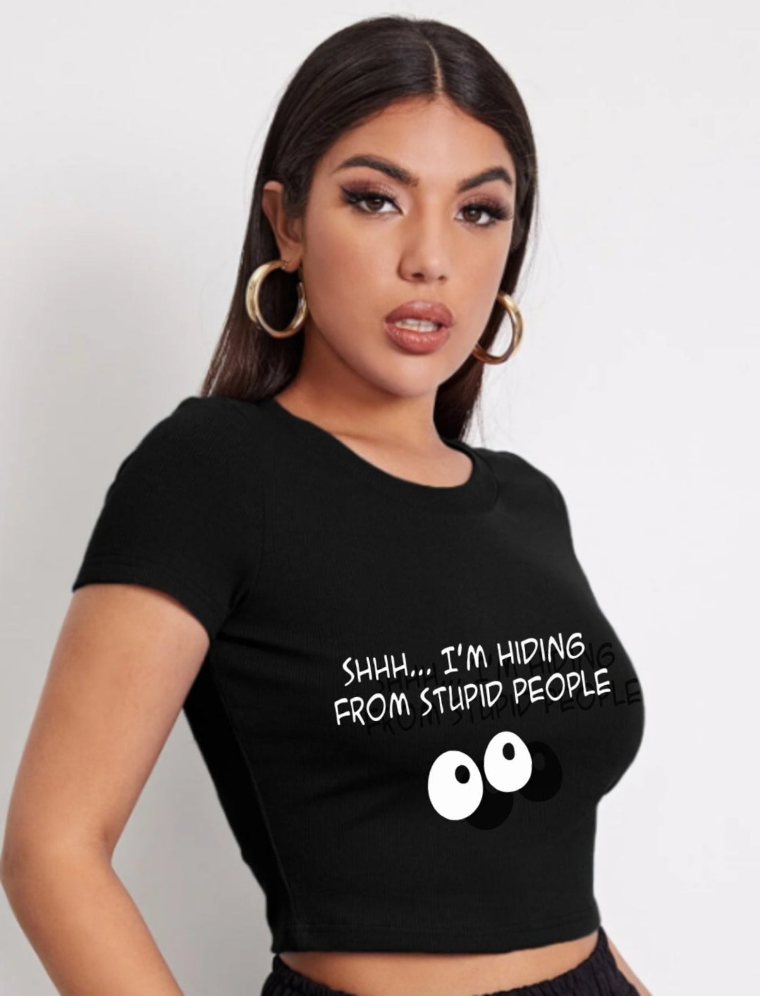 Black Graphic Crop Top – “Shhh… I’m Hiding From Stupid People”