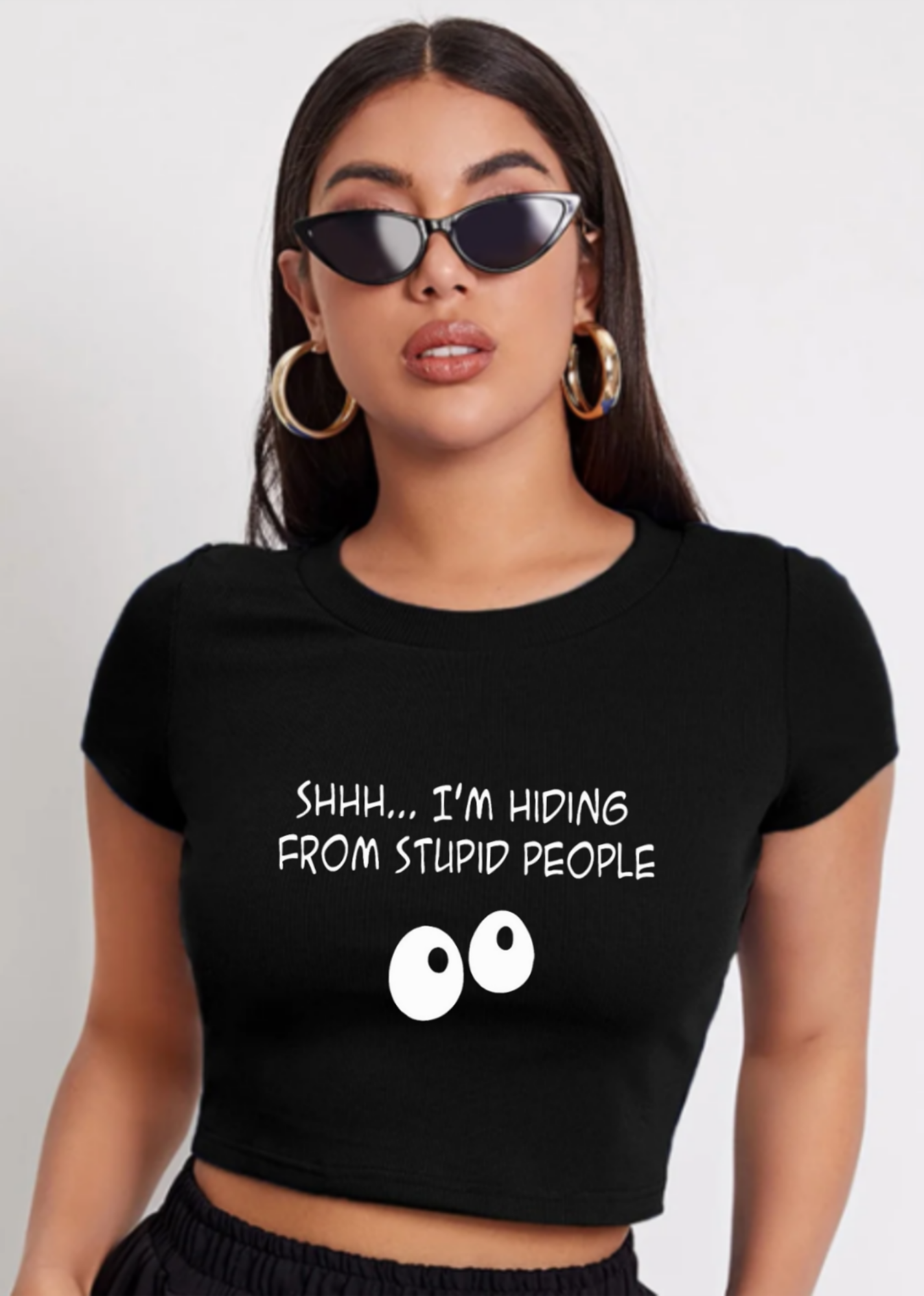 Black Graphic Crop Top – “Shhh… I’m Hiding From Stupid People”