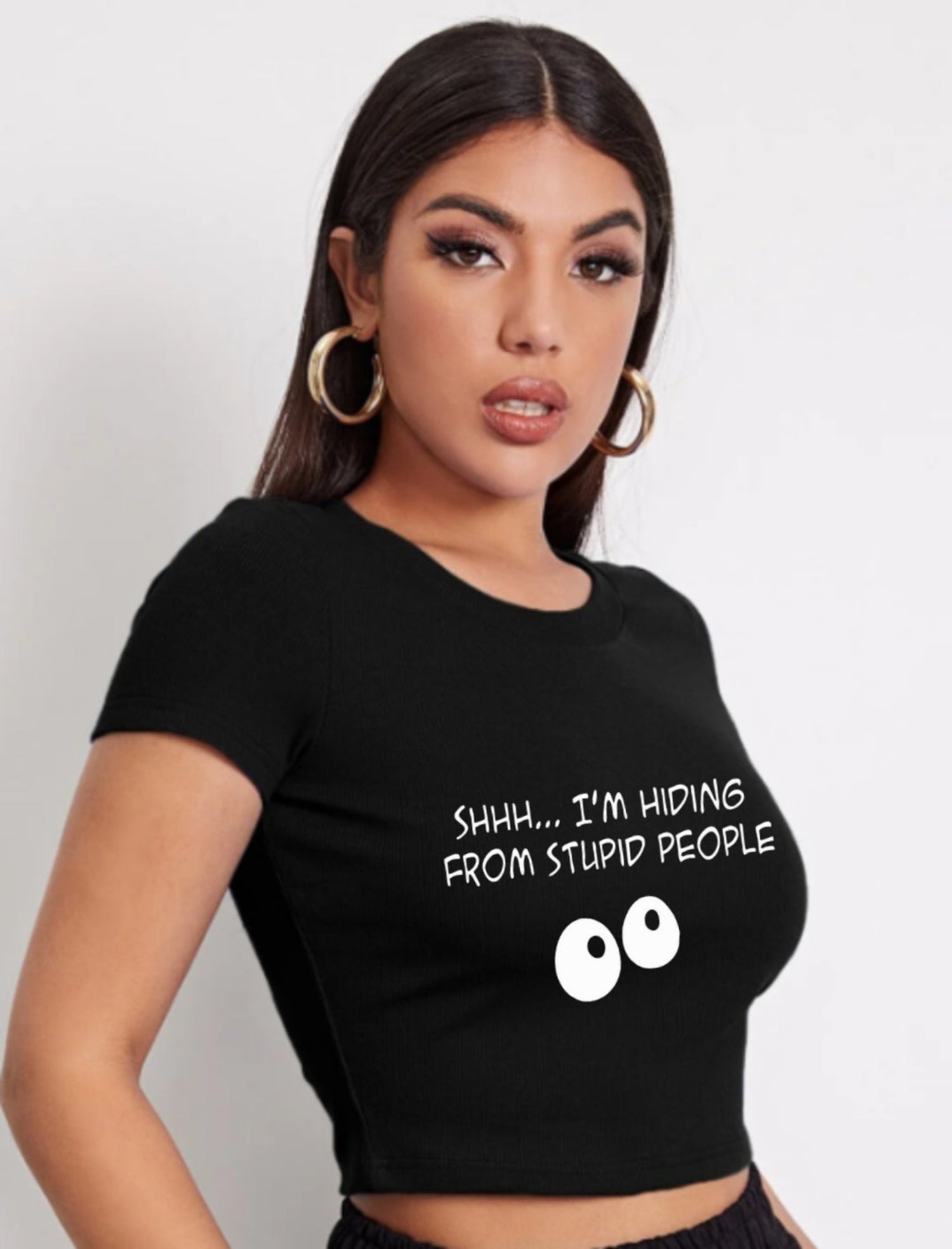 Black Graphic Crop Top – “Shhh… I’m Hiding From Stupid People”