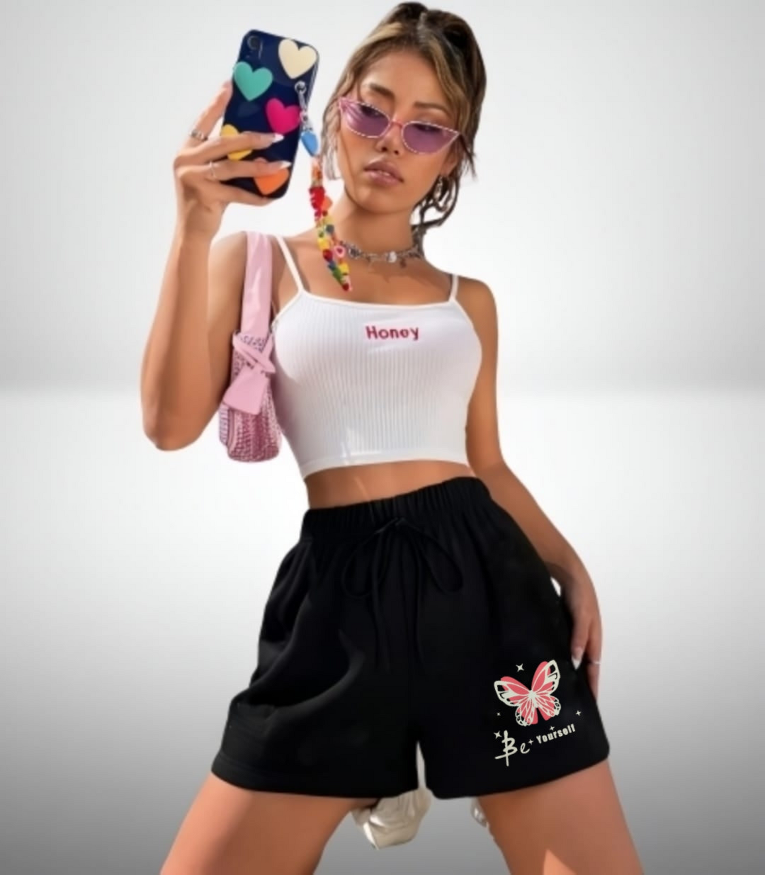 Women’s Black Casual Shorts with Butterfly Print & “Be Yourself” Slogan