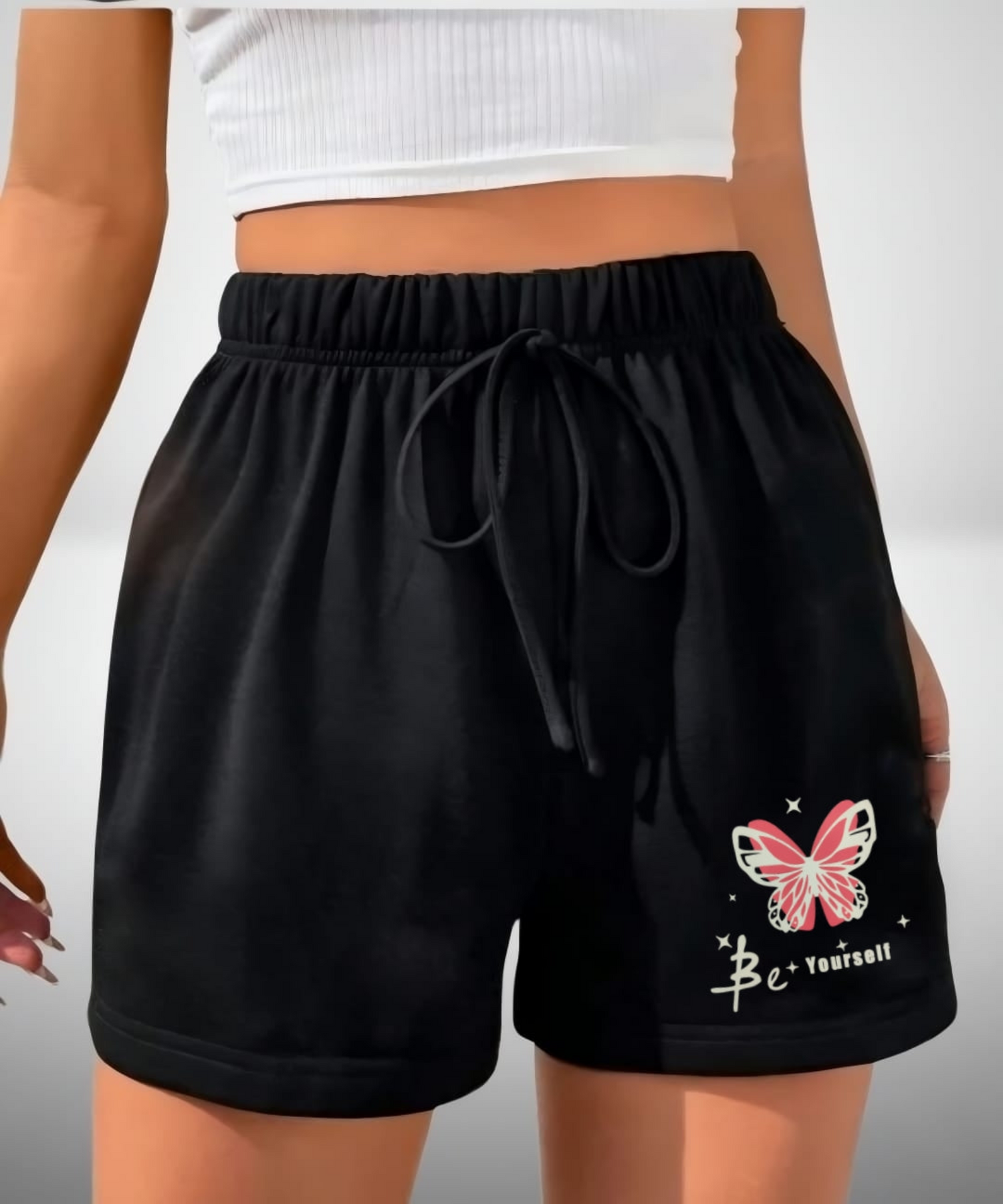 Women’s Black Casual Shorts with Butterfly Print & “Be Yourself” Slogan