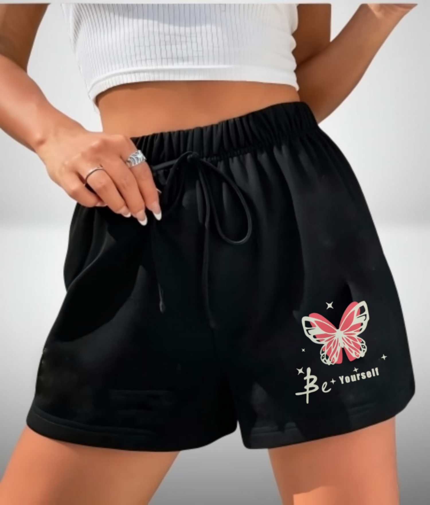 Women’s Black Casual Shorts with Butterfly Print & “Be Yourself” Slogan