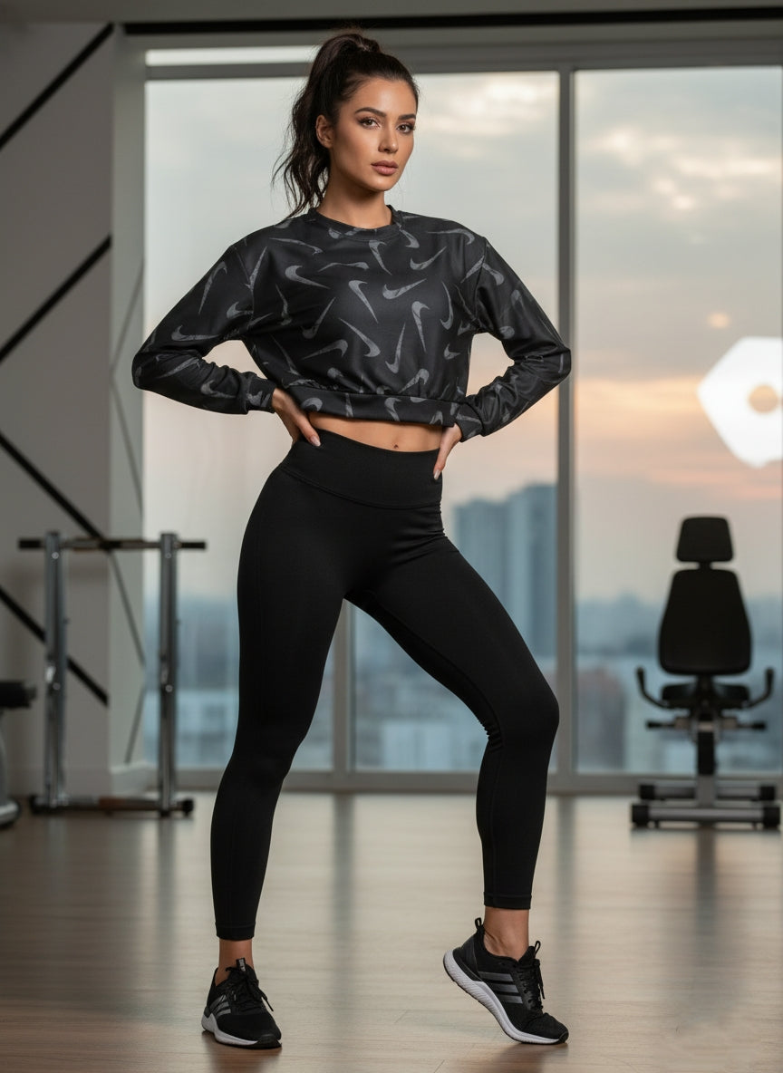 Women’s Black Printed Crop Sweatshirt | Stylish Gym & Casual Athleisure Top