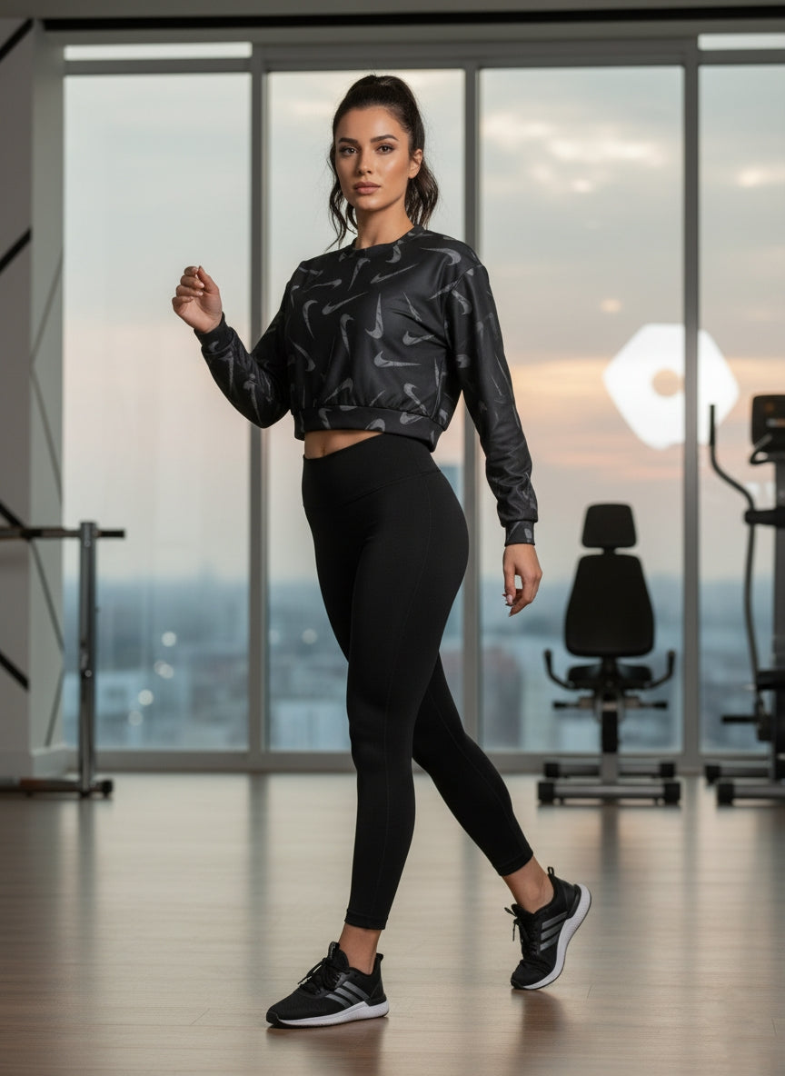 Women’s Black Printed Crop Sweatshirt | Stylish Gym & Casual Athleisure Top