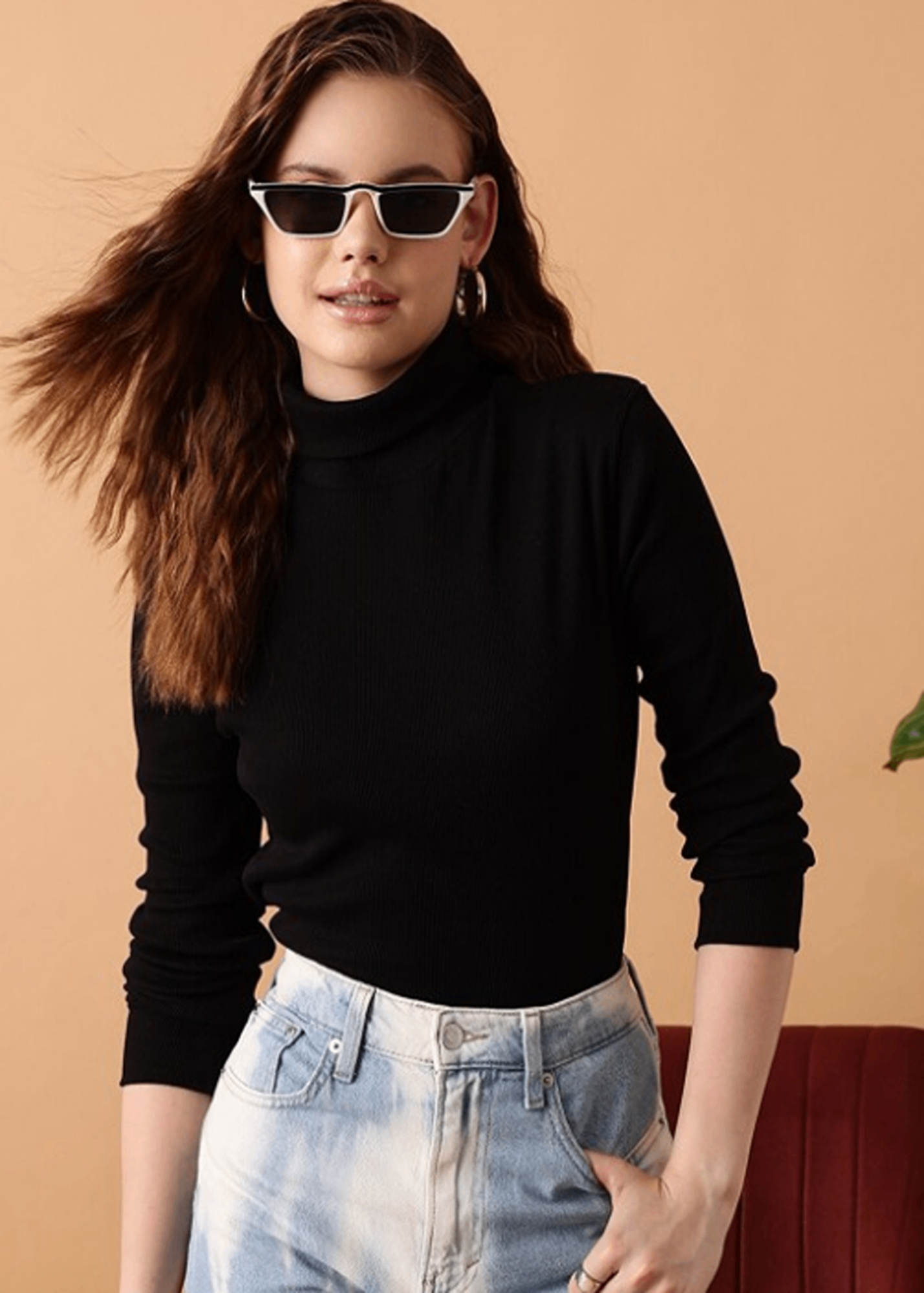 Black Ribbed High Neck Full Sleeve Top