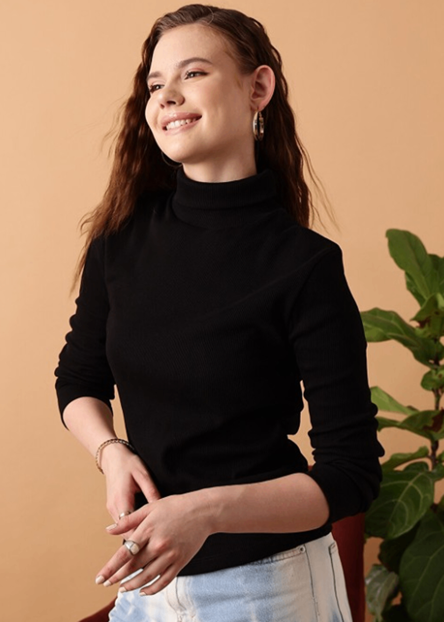 Black Ribbed High Neck Full Sleeve Top