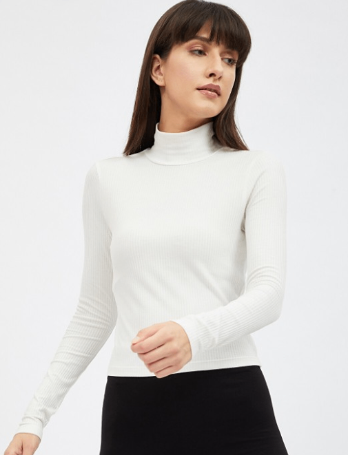 White Fitted Ribbed high neck Top