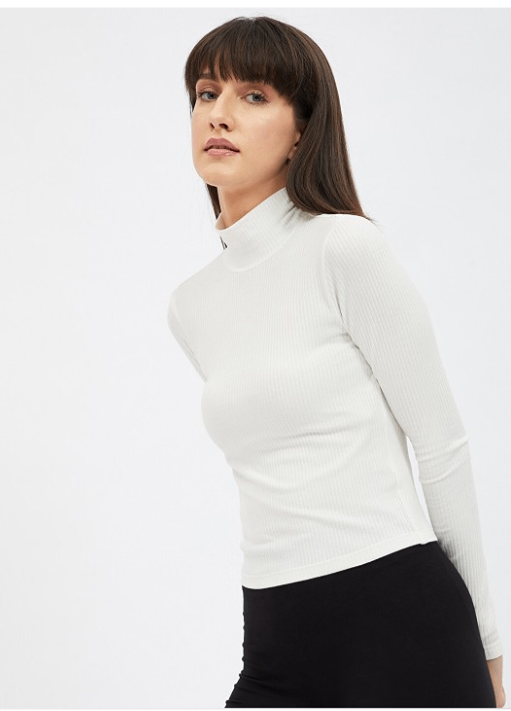 White Fitted Ribbed high neck Top